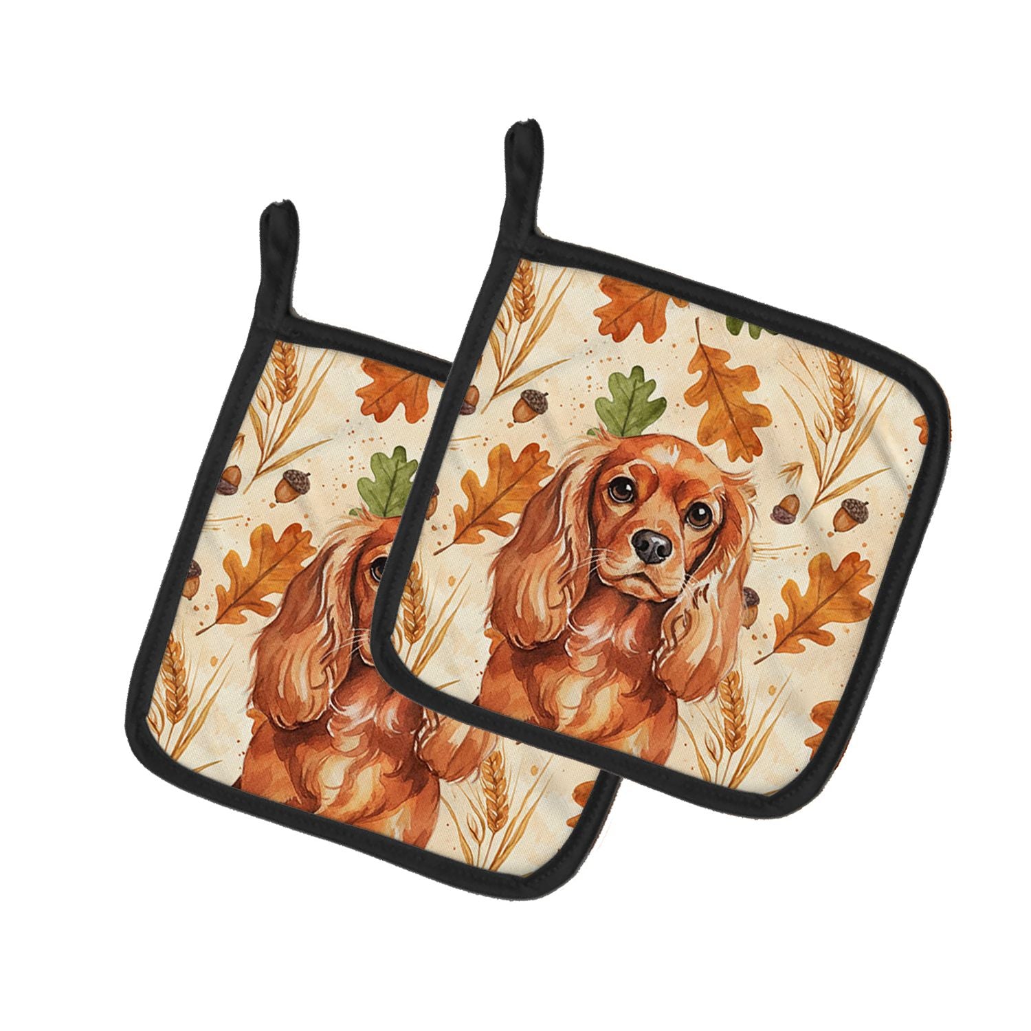 Ruby English Toy Spaniel Heirloom Fall Pair of Pot Holders Pair 7.5x7.5 Quilted Insulated Hot Pads Decorative Kitchen Gift Made 