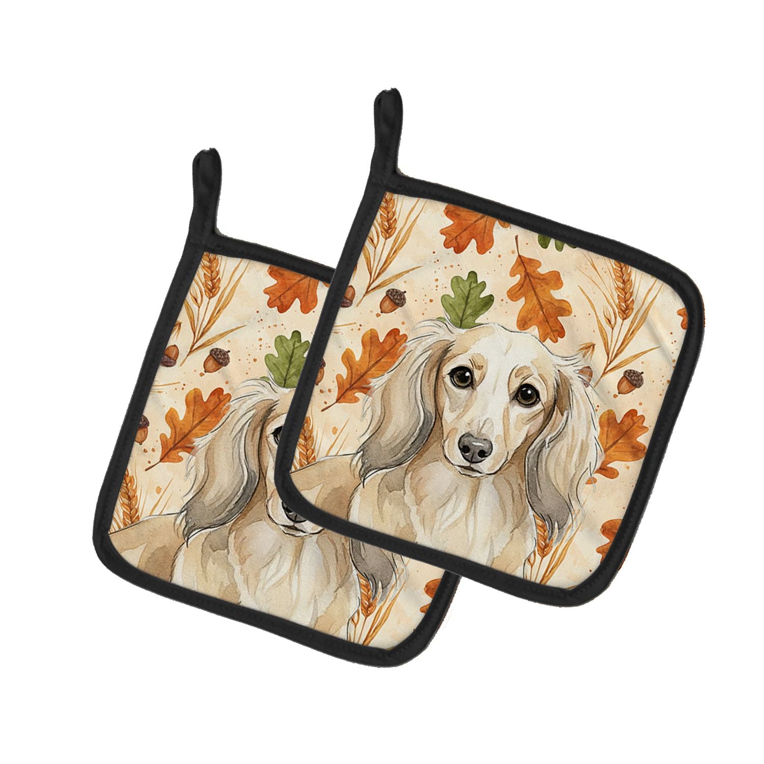 Longhaired Cream Dachshund Heirloom Fall Pair of Pot Holders Pair 7.5x7.5 Quilted Insulated Hot Pads Decorative Kitchen Gift Mad