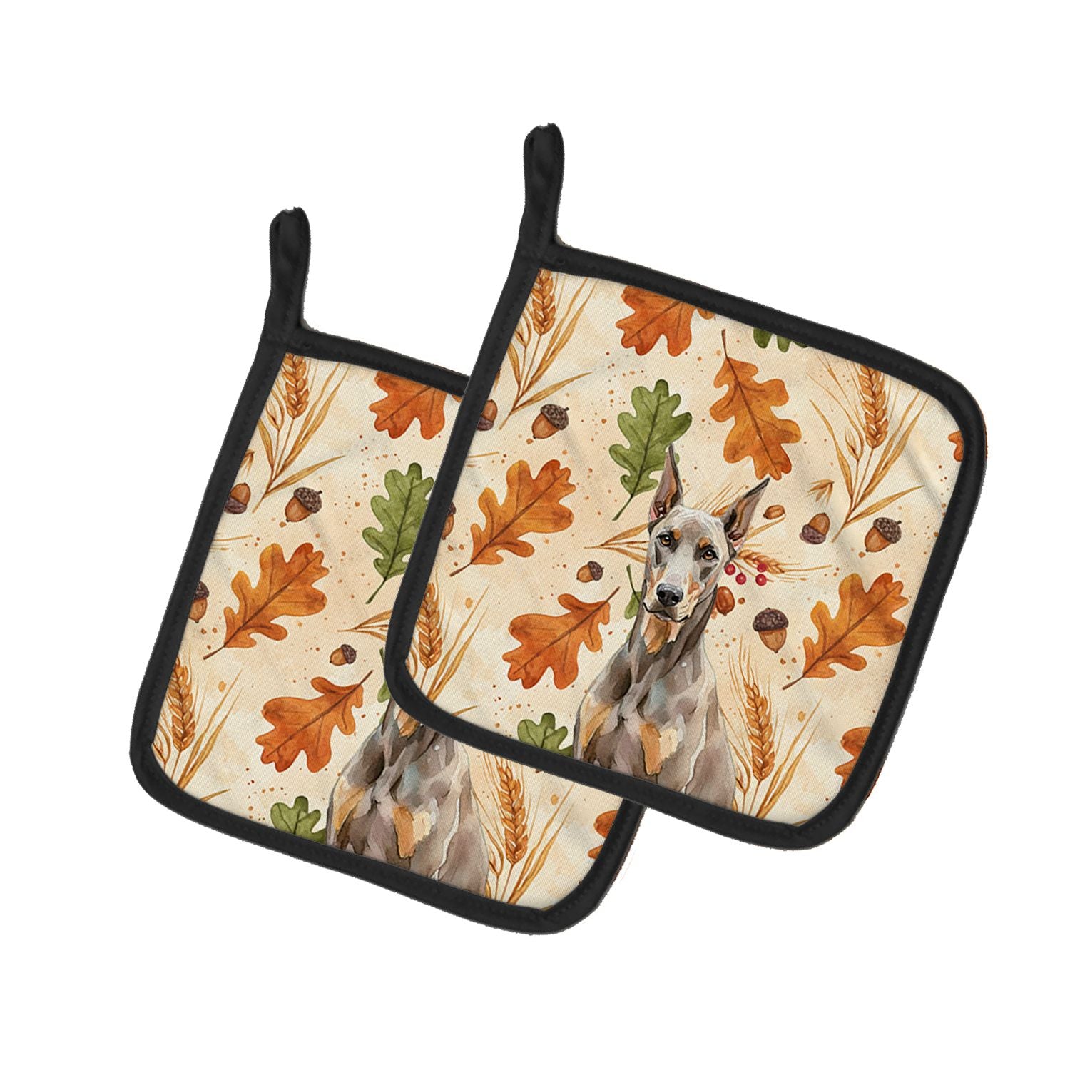 Fawn Doberman Pinscher Heirloom Fall Pair of Pot Holders Pair 7.5x7.5 Quilted Insulated Hot Pads Decorative Kitchen Gift Made in