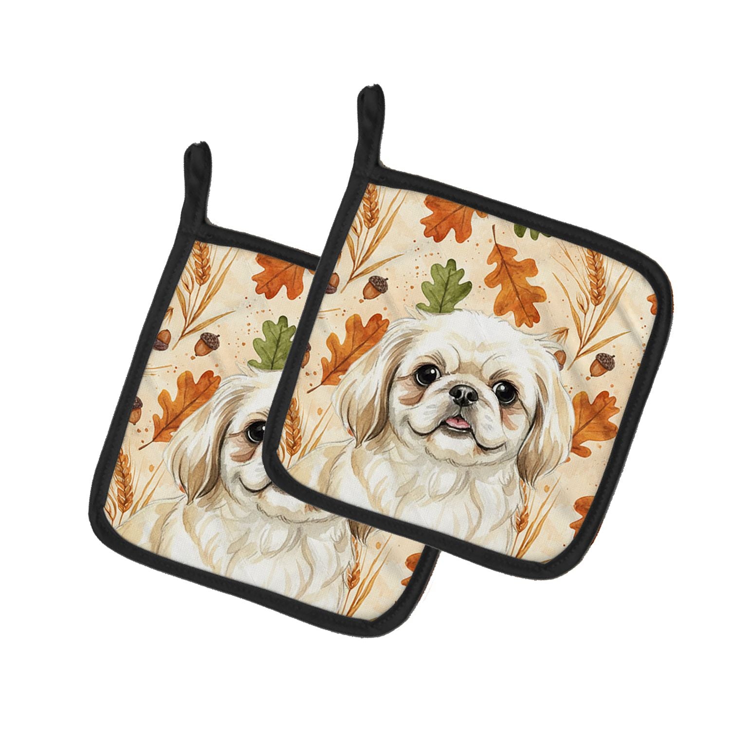 Cream Pekingese Heirloom Fall Pair of Pot Holders Pair 7.5x7.5 Quilted Insulated Hot Pads Decorative Kitchen Gift Made in USA