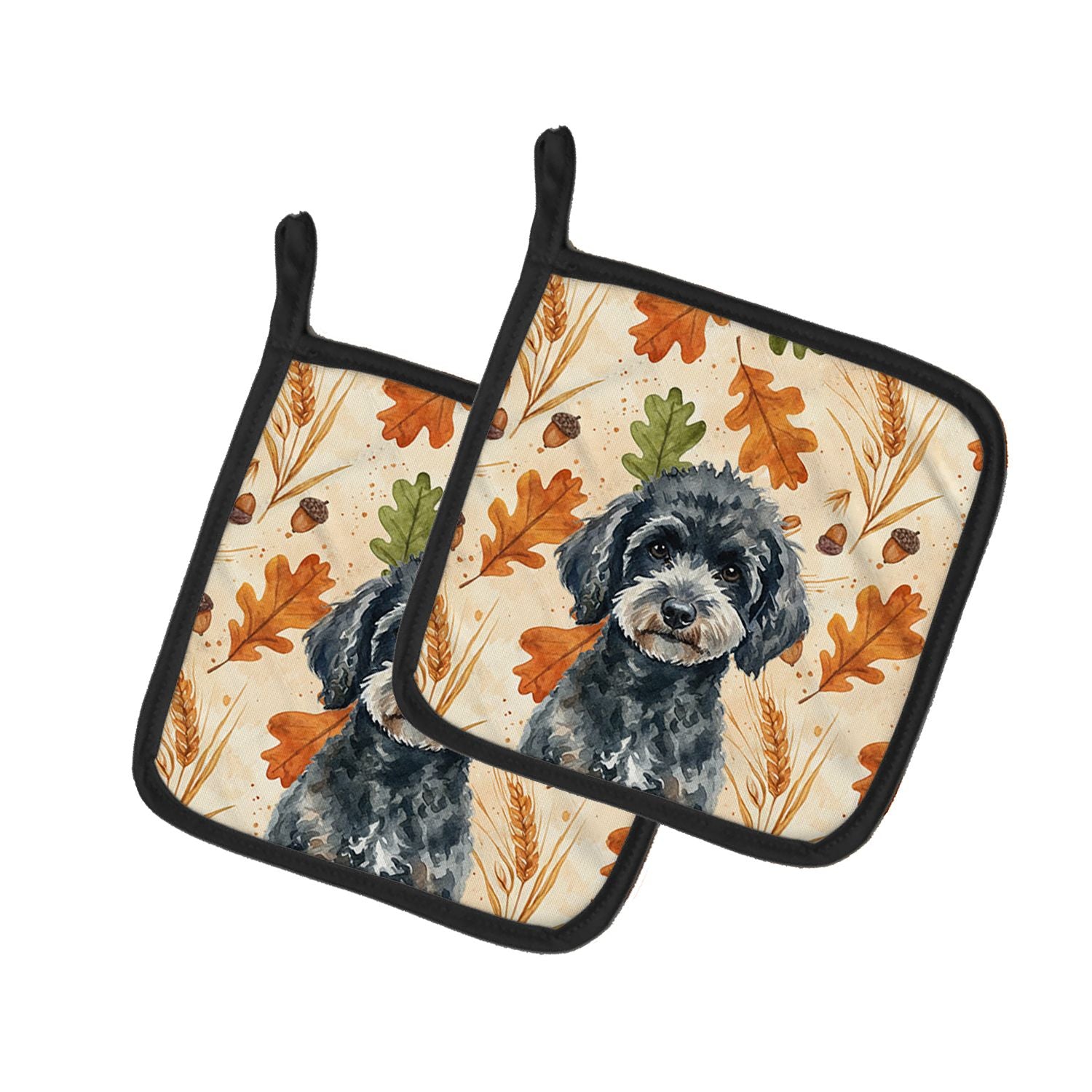 Miniature Black Poodle Heirloom Fall Pair of Pot Holders Pair 7.5x7.5 Quilted Insulated Hot Pads Decorative Kitchen Gift Made in