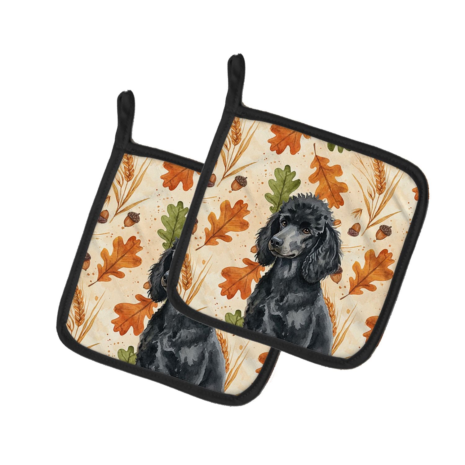 Standard Black Poodle Heirloom Fall Pair of Pot Holders Pair 7.5x7.5 Quilted Insulated Hot Pads Decorative Kitchen Gift Made in 