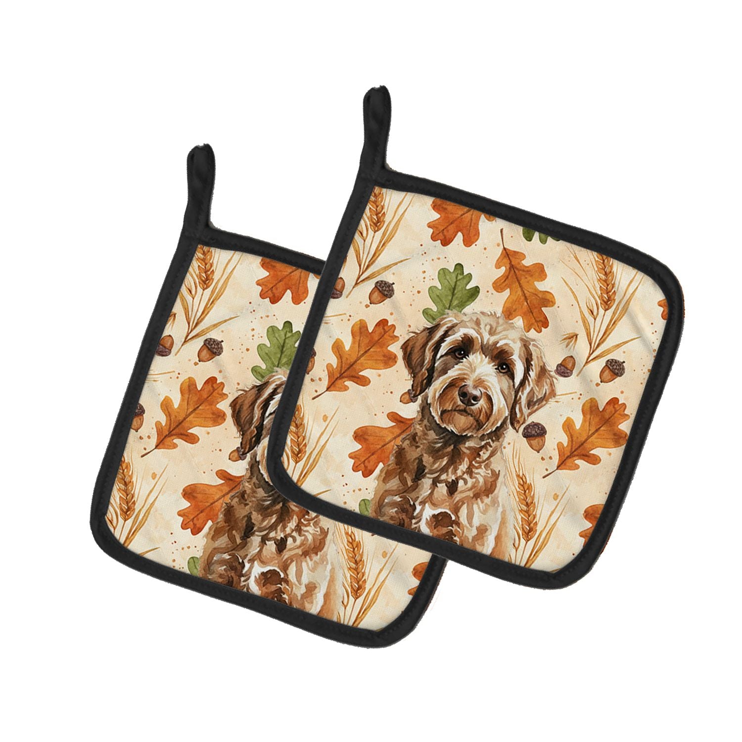 Chocolate Labradoodle Heirloom Fall Pair of Pot Holders Pair 7.5x7.5 Quilted Insulated Hot Pads Decorative Kitchen Gift Made in 