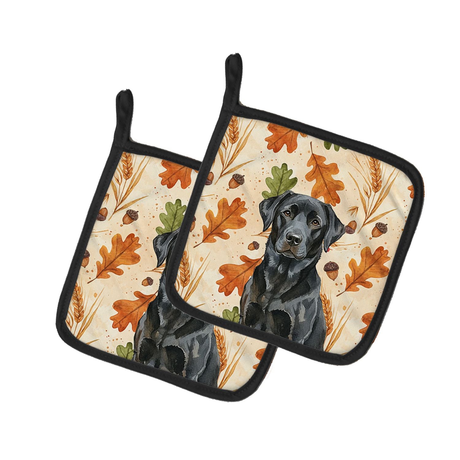Black Labrador Retriever Heirloom Fall Pair of Pot Holders Pair 7.5x7.5 Quilted Insulated Hot Pads Decorative Kitchen Gift Made 
