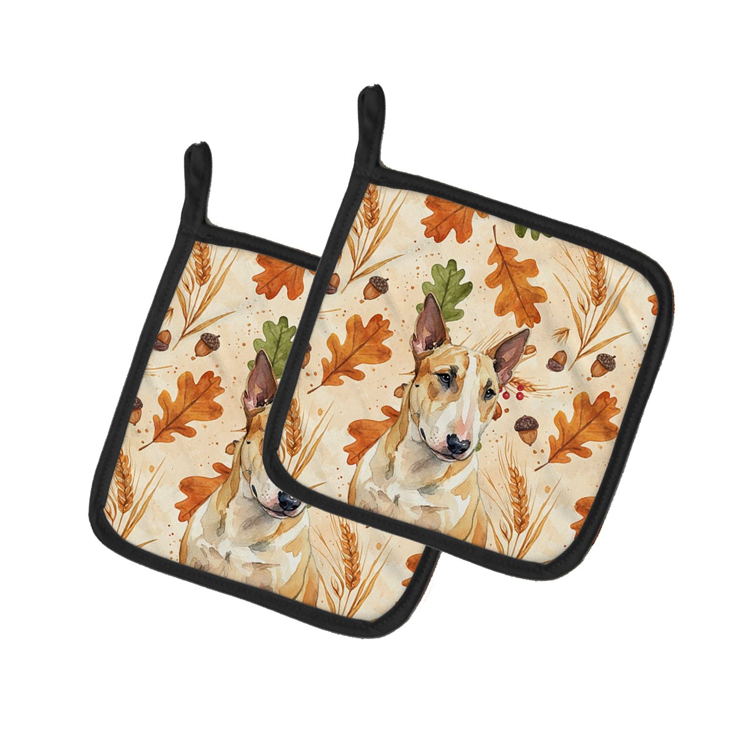 Miniature Bull Terrier Heirloom Fall Pair of Pot Holders Pair 7.5x7.5 Quilted Insulated Hot Pads Decorative Kitchen Gift Made in