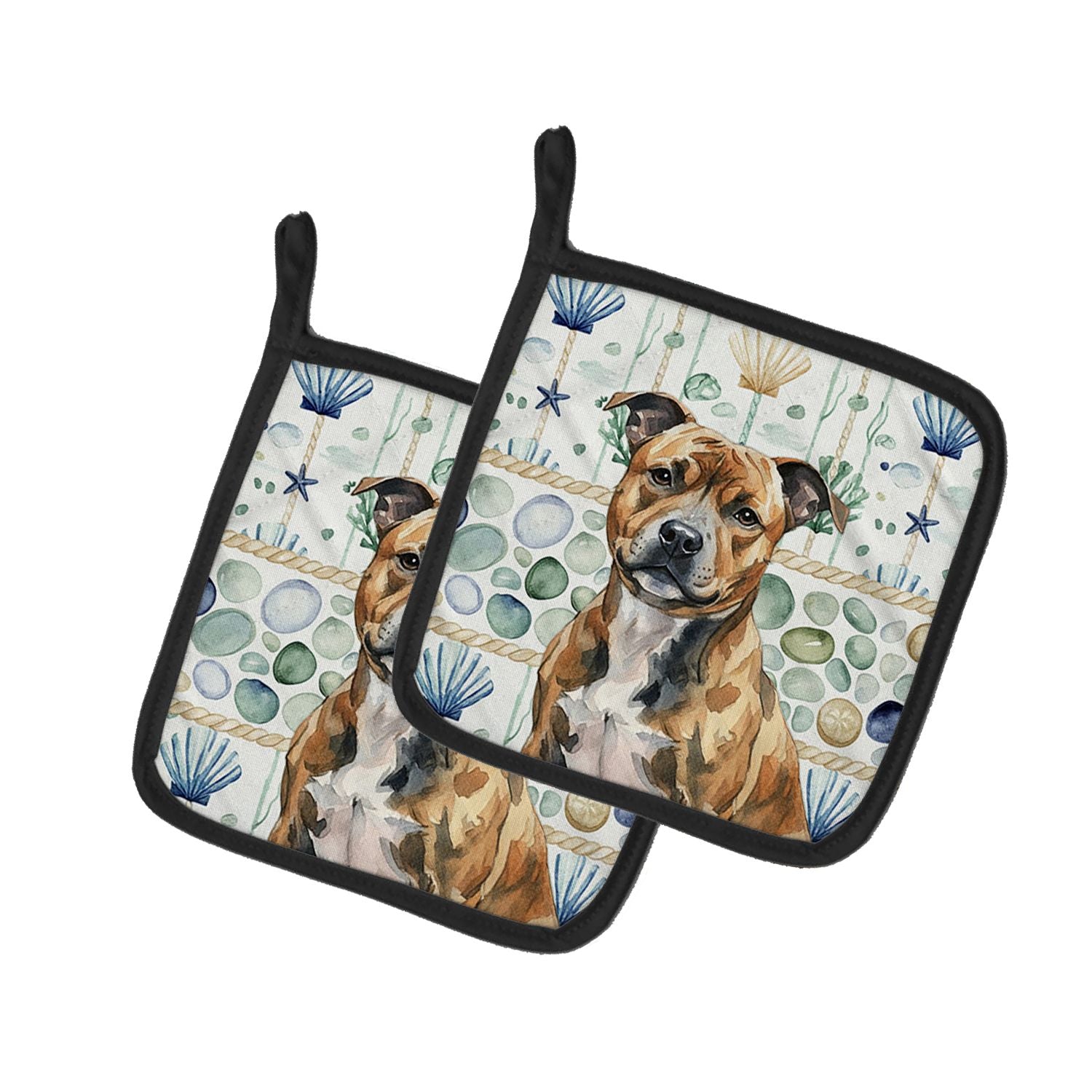 Brindle Staffordshire Bull Terrier Coastal Sea Glass Pair of Pot Holders Pair 7.5x7.5 Quilted Insulated Hot Pads Decorative Kitc