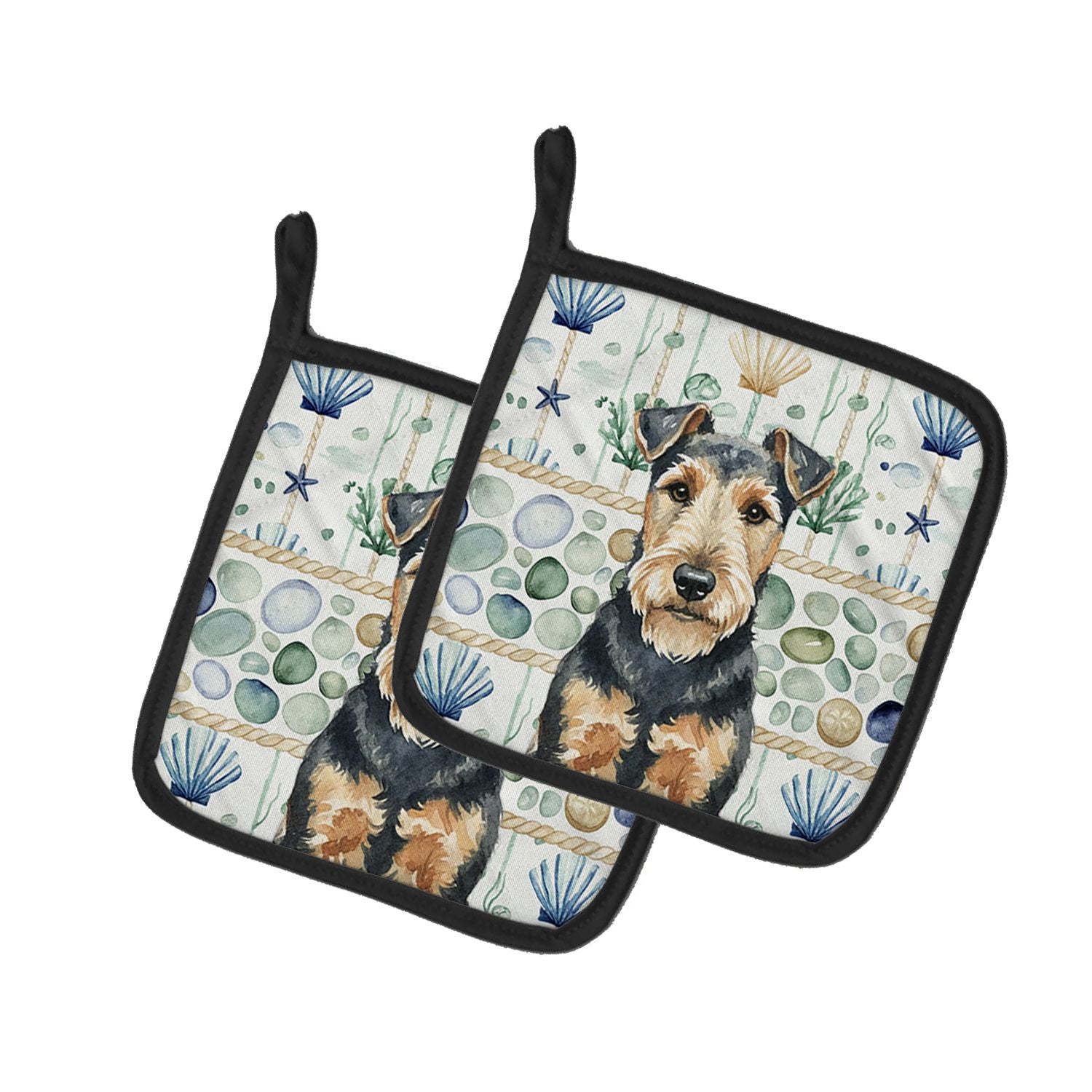 Welsh Terrier Coastal Sea Glass Pair of Pot Holders Pair 7.5x7.5 Quilted Insulated Hot Pads Decorative Kitchen Gift Made in USA