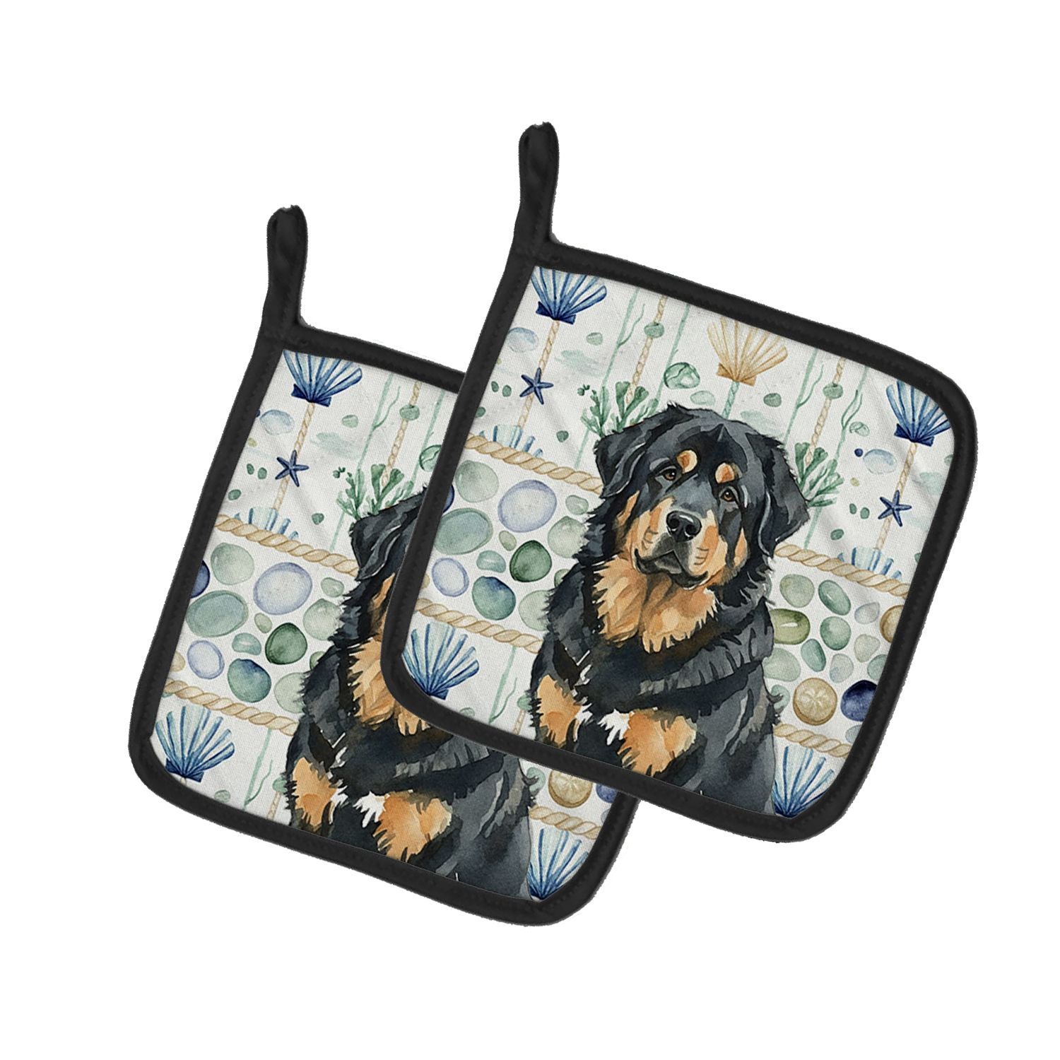Black and Tan Tibetan Mastiff Coastal Sea Glass Pair of Pot Holders Pair 7.5x7.5 Quilted Insulated Hot Pads Decorative Kitchen G