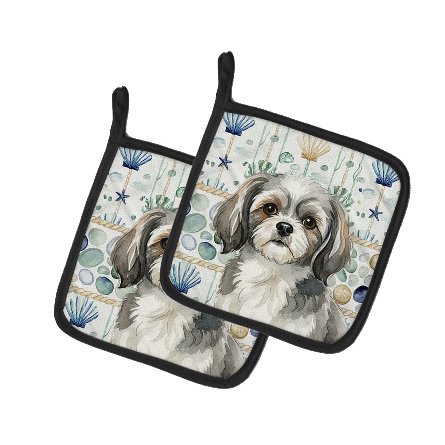 Grey and White Tibetan Spaniel Coastal Sea Glass Pair of Pot Holders Pair 7.5x7.5 Quilted Insulated Hot Pads Decorative Kitchen 