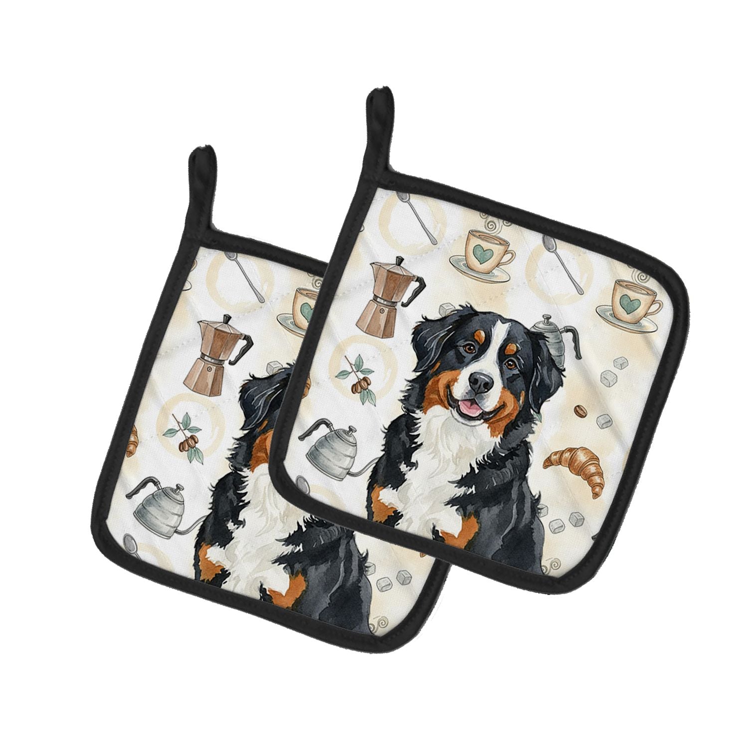 Bernese Mountain Dog Coffee Bar Pair of Pot Holders Pair 7.5x7.5 Quilted Insulated Hot Pads Decorative Kitchen Gift Made in USA