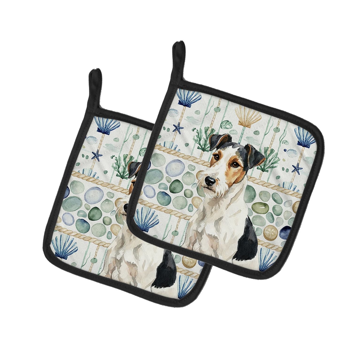 Smooth Fox Terrier Coastal Sea Glass Pair of Pot Holders Pair 7.5x7.5 Quilted Insulated Hot Pads Decorative Kitchen Gift Made in