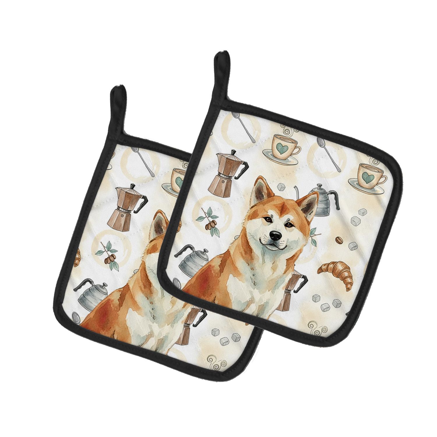 Red Akita Coffee Bar Pair of Pot Holders Pair 7.5x7.5 Quilted Insulated Hot Pads Decorative Kitchen Gift Made in USA