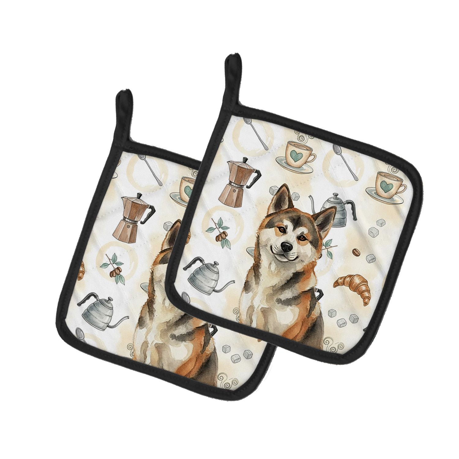 Sesame Akita Coffee Bar Pair of Pot Holders Pair 7.5x7.5 Quilted Insulated Hot Pads Decorative Kitchen Gift Made in USA