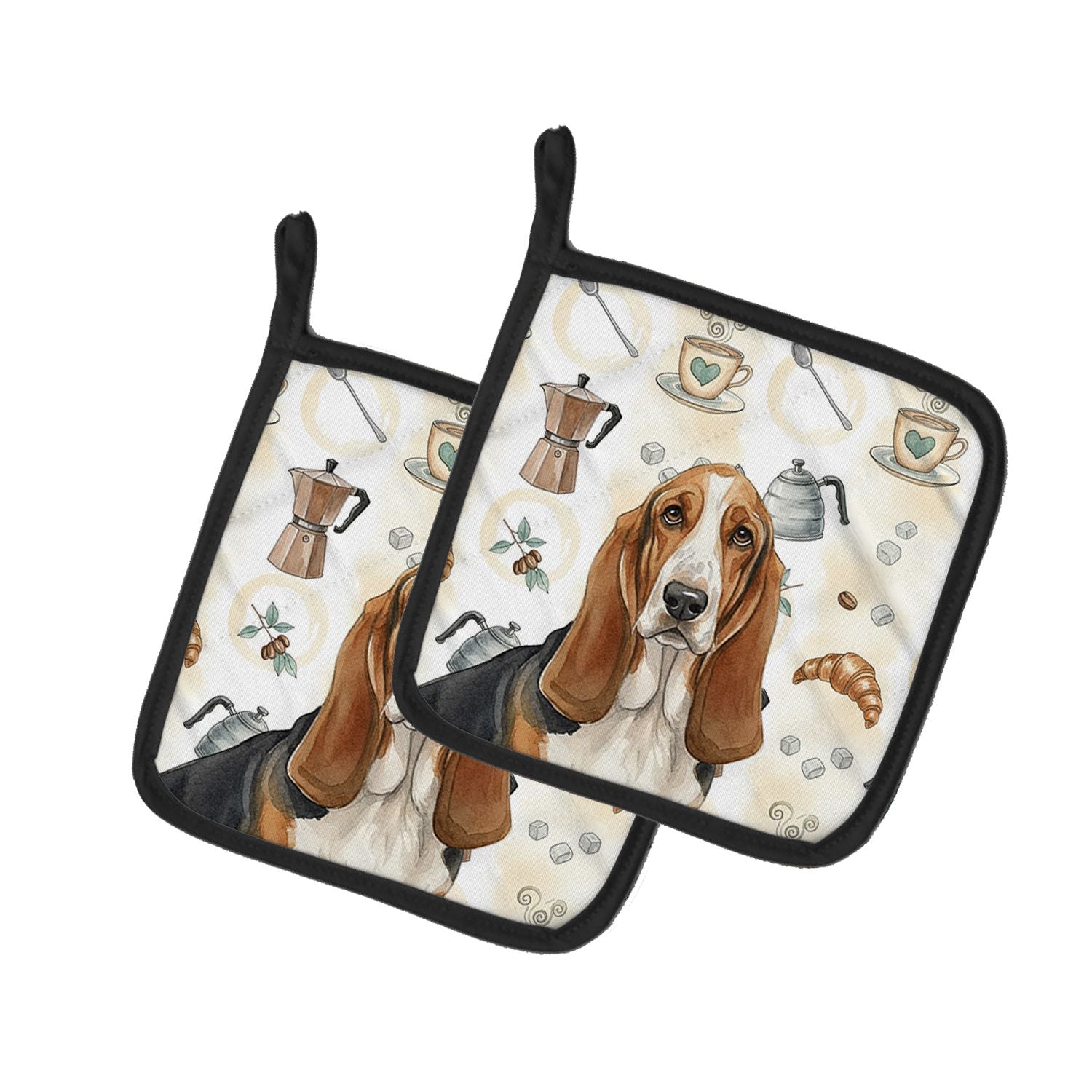Tricolor and White Basset Hound Coffee Bar Pair of Pot Holders Pair 7.5x7.5 Quilted Insulated Hot Pads Decorative Kitchen Gift M