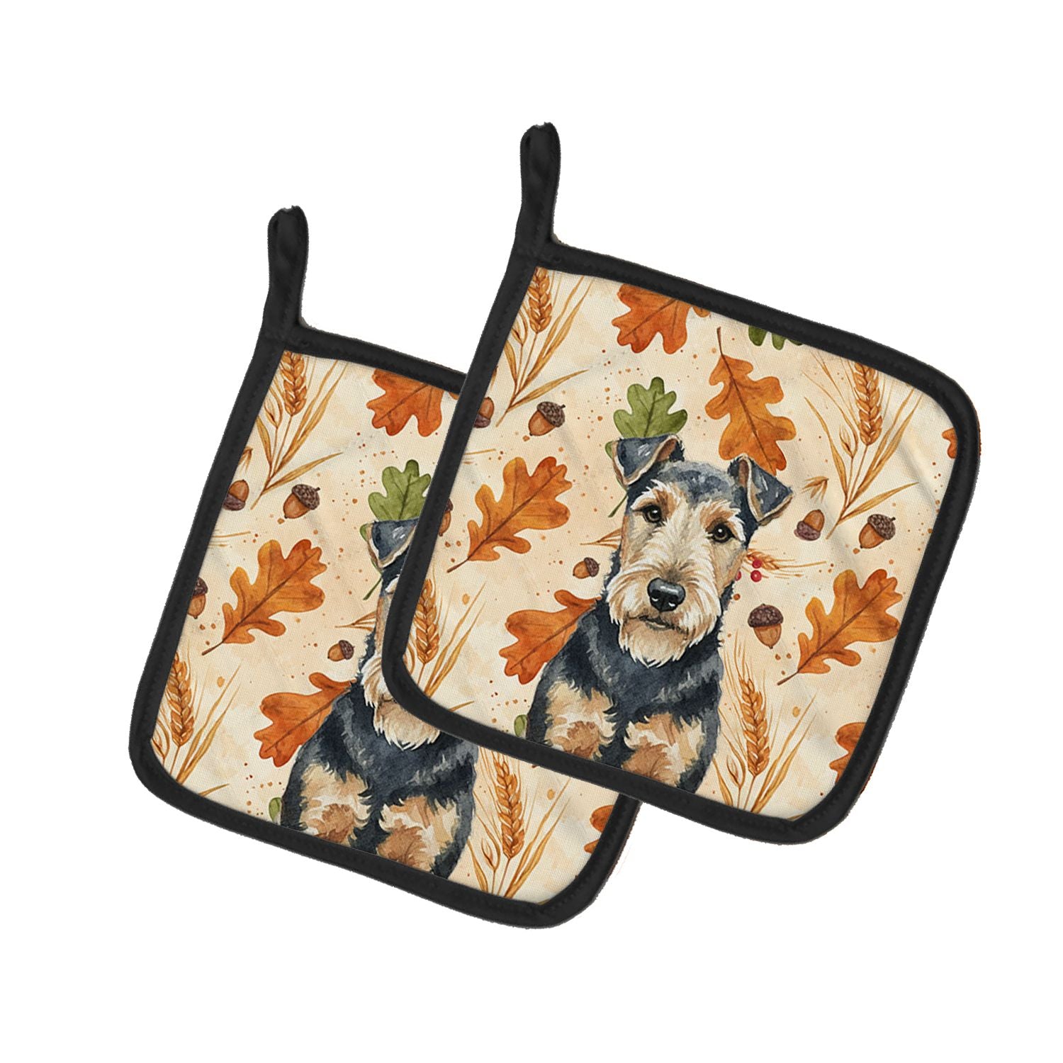 Welsh Terrier Heirloom Fall Pair of Pot Holders Pair 7.5x7.5 Quilted Insulated Hot Pads Decorative Kitchen Gift Made in USA