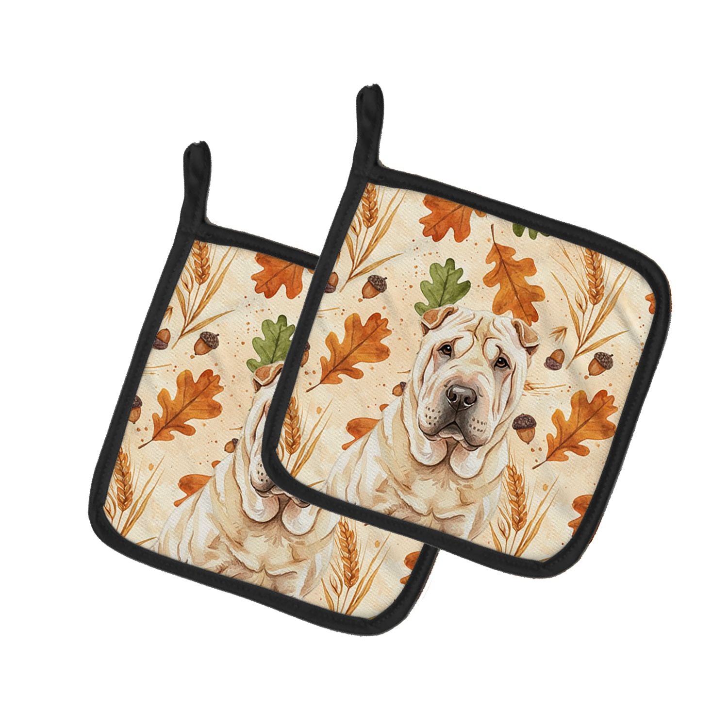 Shar Pei Heirloom Fall Pair of Pot Holders Pair 7.5x7.5 Quilted Insulated Hot Pads Decorative Kitchen Gift Made in USA