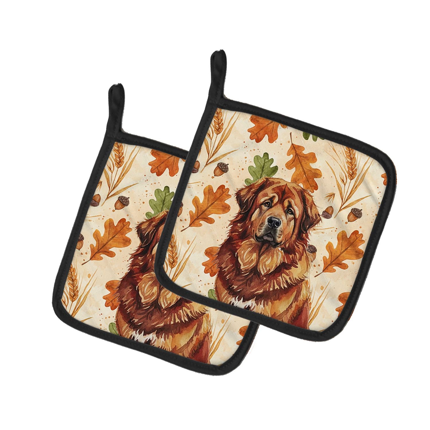 Red Gold Tibetan Mastiff Heirloom Fall Pair of Pot Holders Pair 7.5x7.5 Quilted Insulated Hot Pads Decorative Kitchen Gift Made 