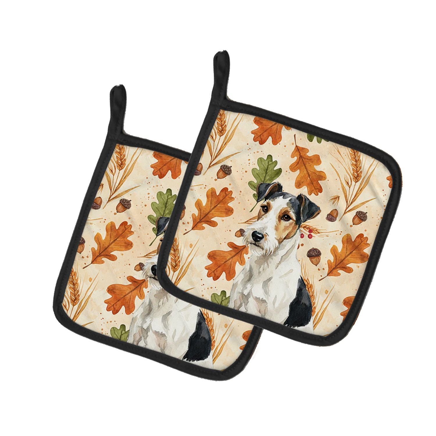 Smooth Fox Terrier Heirloom Fall Pair of Pot Holders Pair 7.5x7.5 Quilted Insulated Hot Pads Decorative Kitchen Gift Made in USA