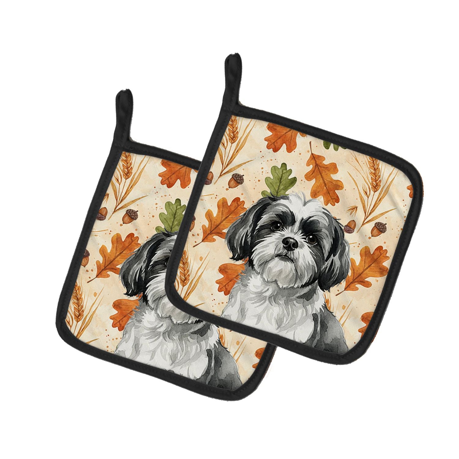 Black and White Shih Tzu Heirloom Fall Pair of Pot Holders Pair 7.5x7.5 Quilted Insulated Hot Pads Decorative Kitchen Gift Made 