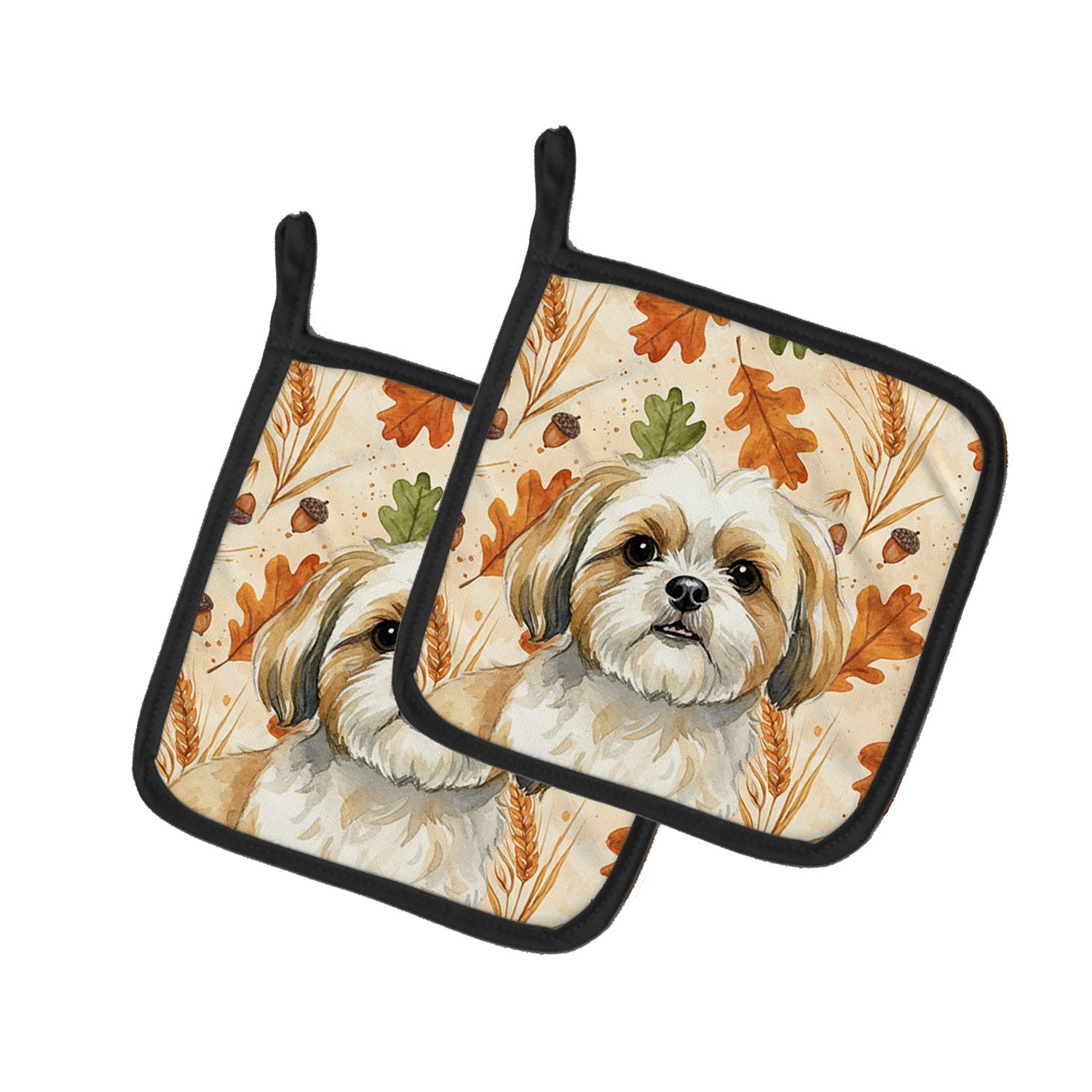 Gold and White Shih Tzu Heirloom Fall Pair of Pot Holders Pair 7.5x7.5 Quilted Insulated Hot Pads Decorative Kitchen Gift Made i
