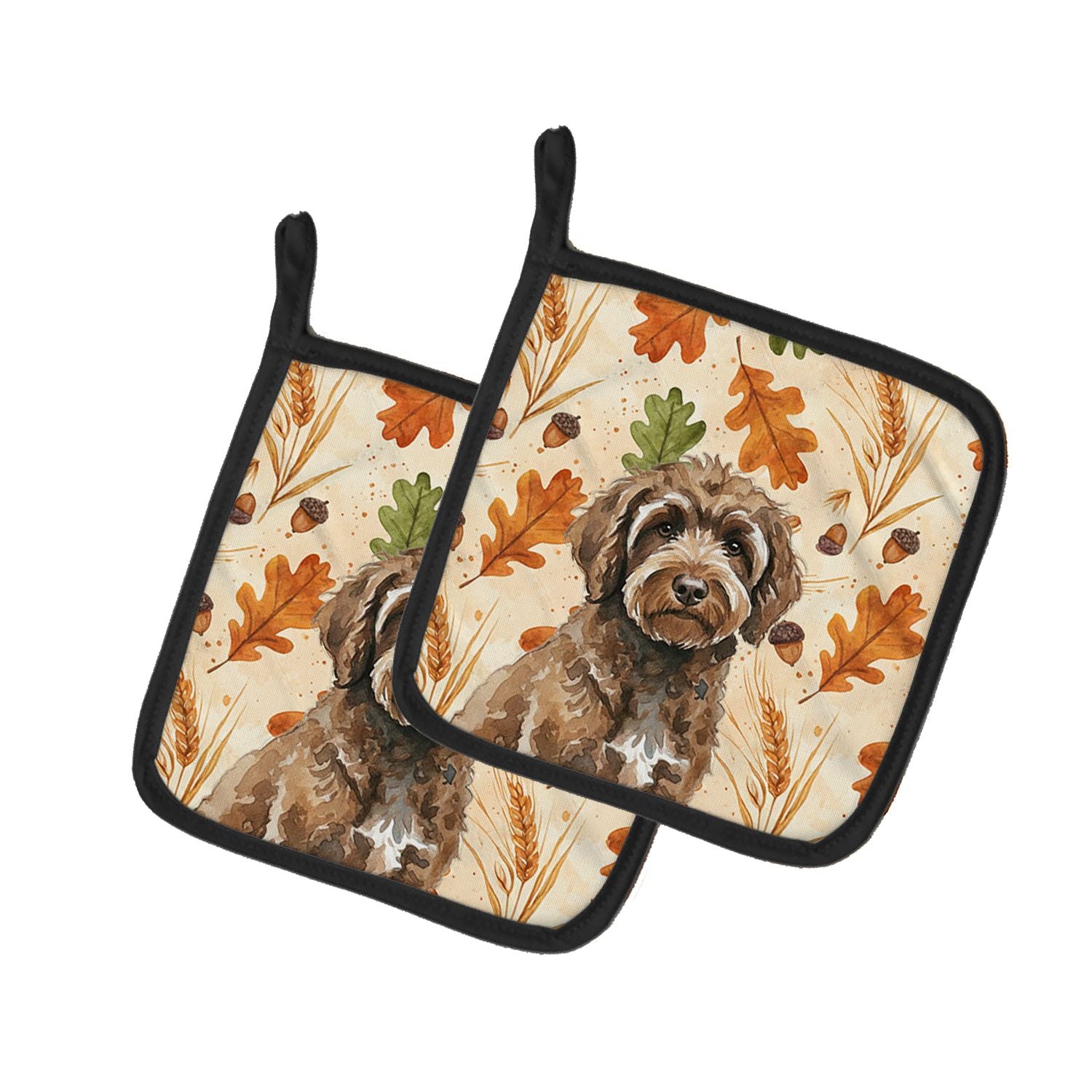 Brown Portuguese Water Dog Heirloom Fall Pair of Pot Holders Pair 7.5x7.5 Quilted Insulated Hot Pads Decorative Kitchen Gift Mad