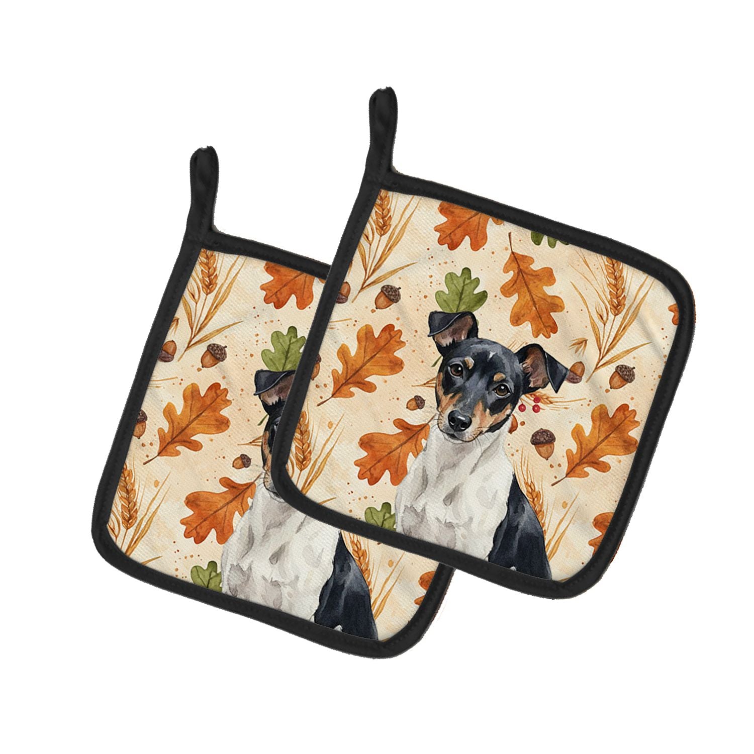 Black and White Rat Terrier Heirloom Fall Pair of Pot Holders Pair 7.5x7.5 Quilted Insulated Hot Pads Decorative Kitchen Gift Ma