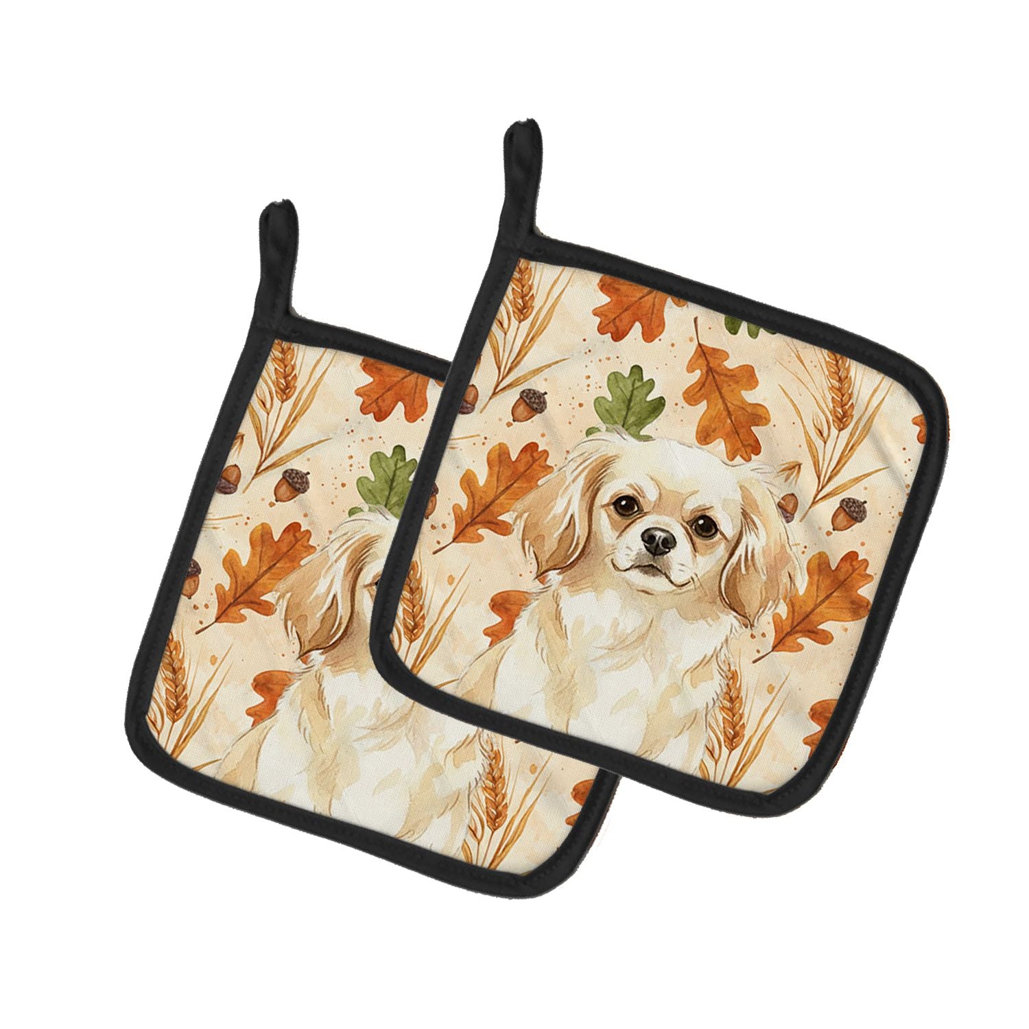 Cream Tibetan Spaniel Heirloom Fall Pair of Pot Holders Pair 7.5x7.5 Quilted Insulated Hot Pads Decorative Kitchen Gift Made in 