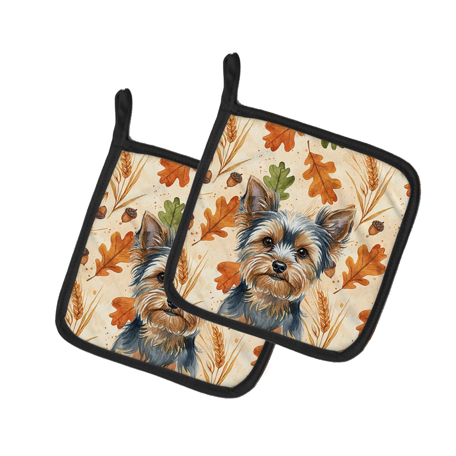 Blue and Tan Yorkshire Terrier Heirloom Fall Pair of Pot Holders Pair 7.5x7.5 Quilted Insulated Hot Pads Decorative Kitchen Gift