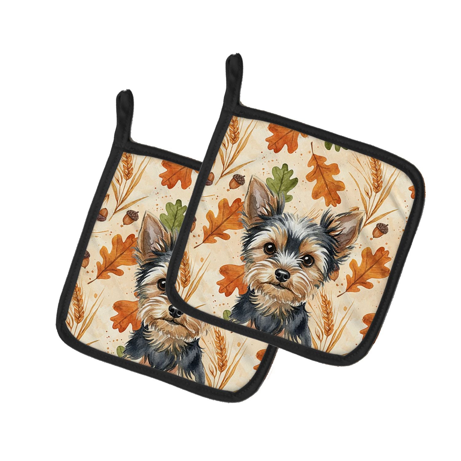 Black and Tan Yorkshire Terrier Heirloom Fall Pair of Pot Holders Pair 7.5x7.5 Quilted Insulated Hot Pads Decorative Kitchen Gif