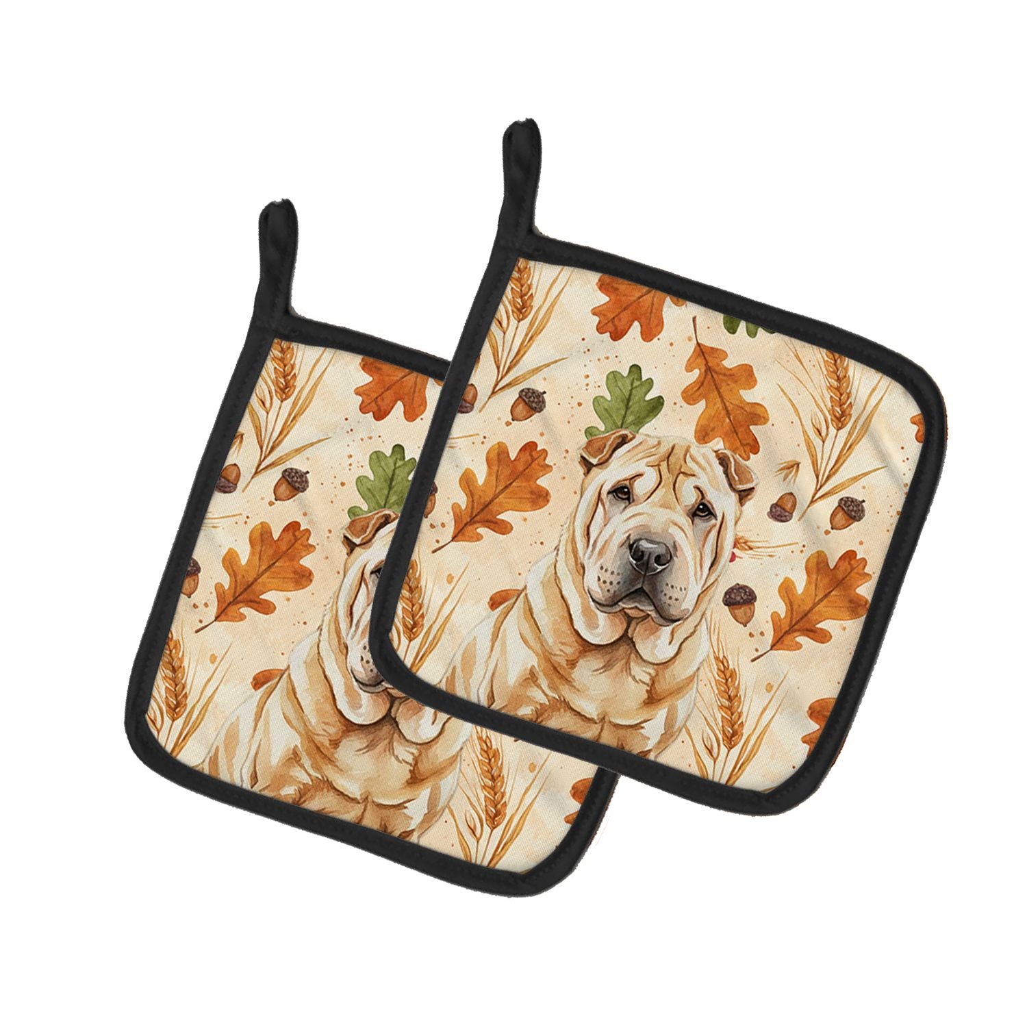 Red Shar Pei Heirloom Fall Pair of Pot Holders Pair 7.5x7.5 Quilted Insulated Hot Pads Decorative Kitchen Gift Made in USA