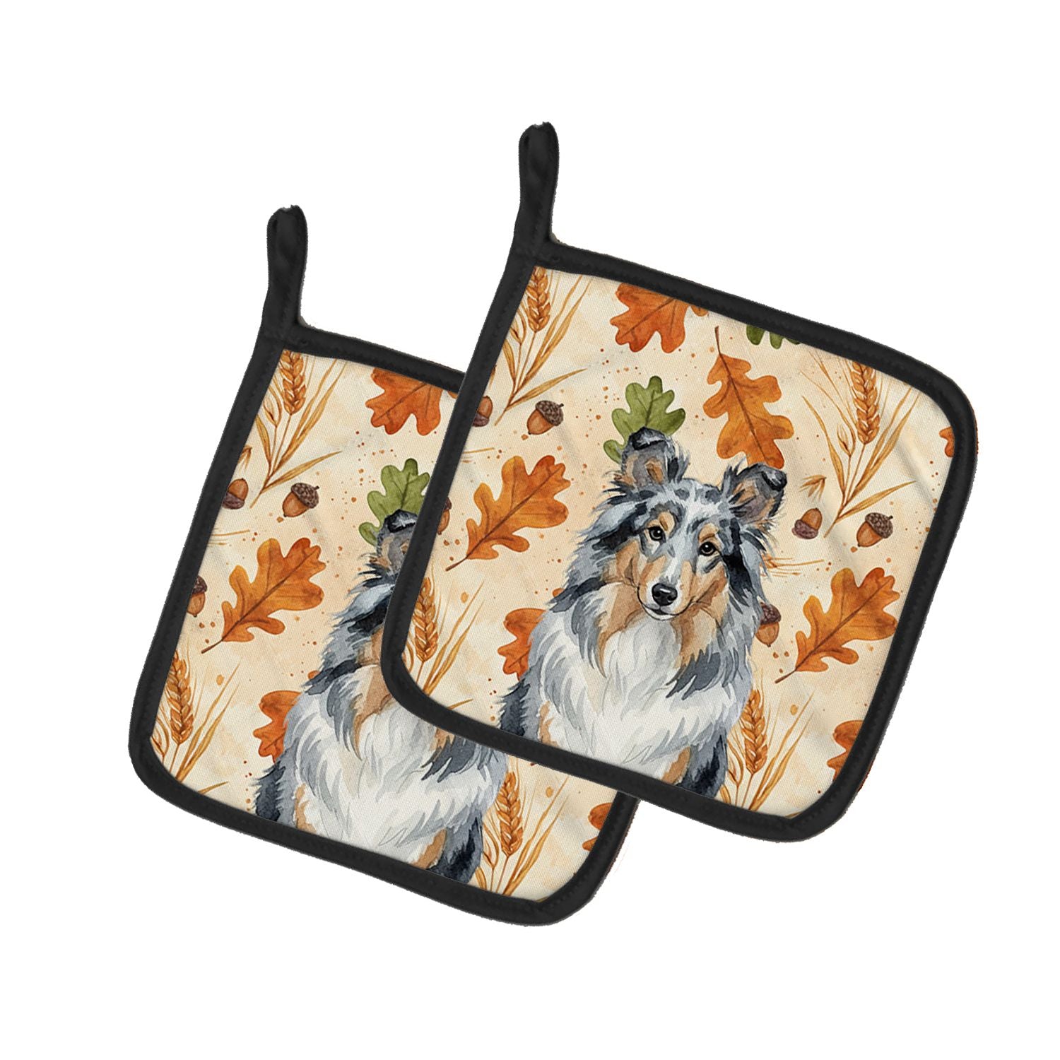 Blue Merle Sheltie Heirloom Fall Pair of Pot Holders Pair 7.5x7.5 Quilted Insulated Hot Pads Decorative Kitchen Gift Made in USA