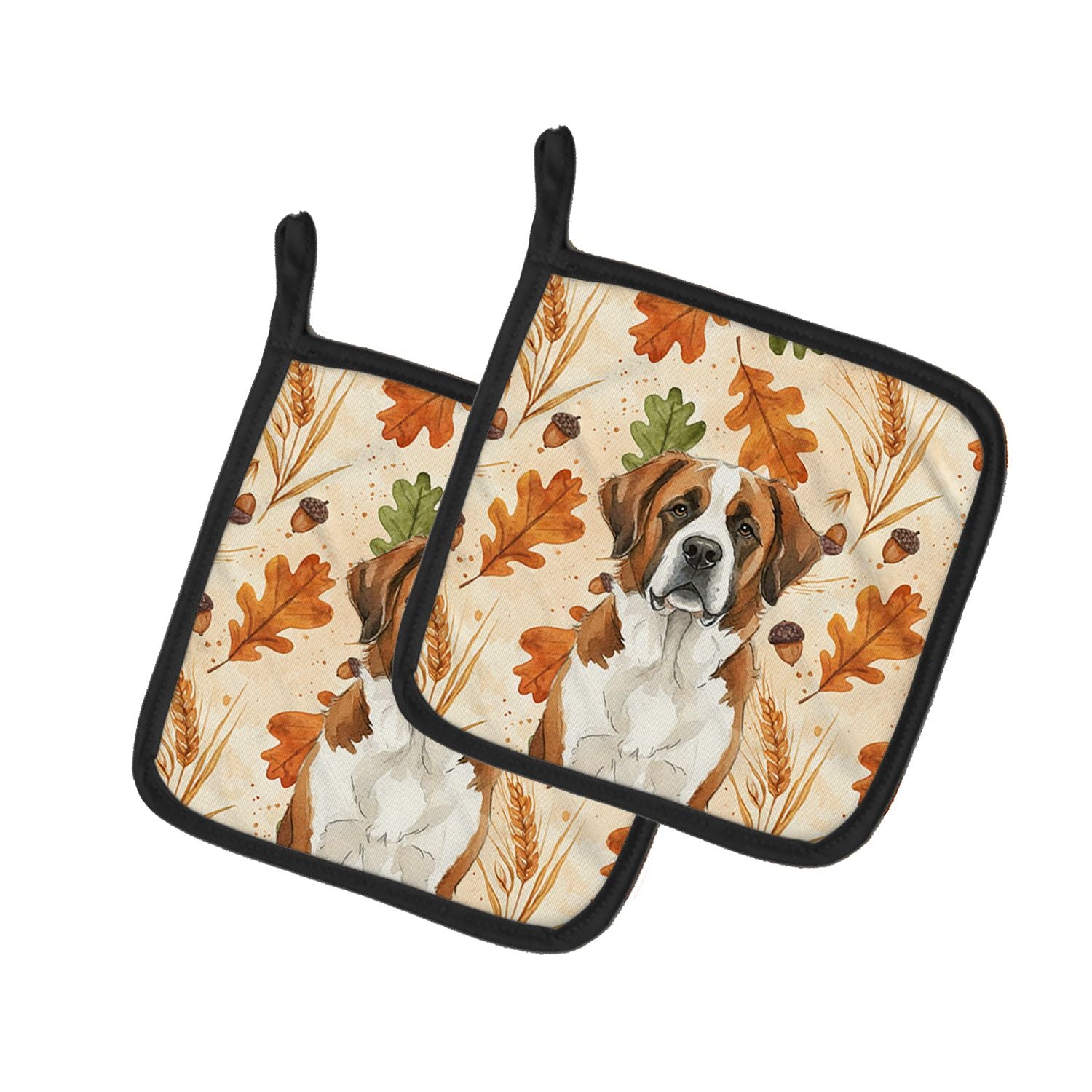 Brown and White Saint Bernard Heirloom Fall Pair of Pot Holders Pair 7.5x7.5 Quilted Insulated Hot Pads Decorative Kitchen Gift 