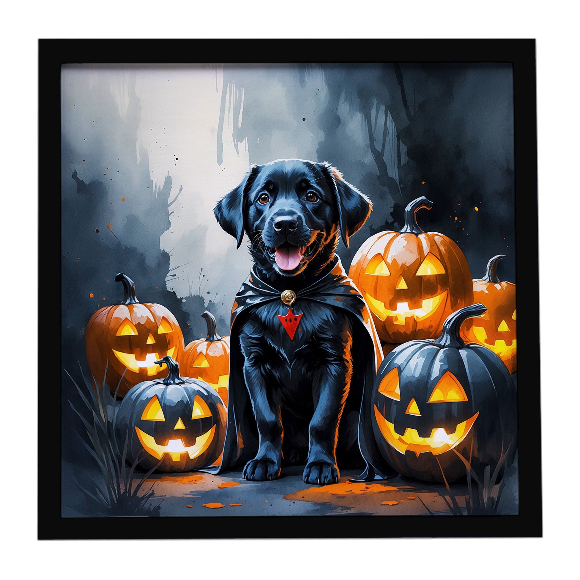 Black Labrador Retriever Puppy Halloween Framed Metal Print Bathroom, Kitchen, Office, Home Decor Wall Art Ready to Hang, Square