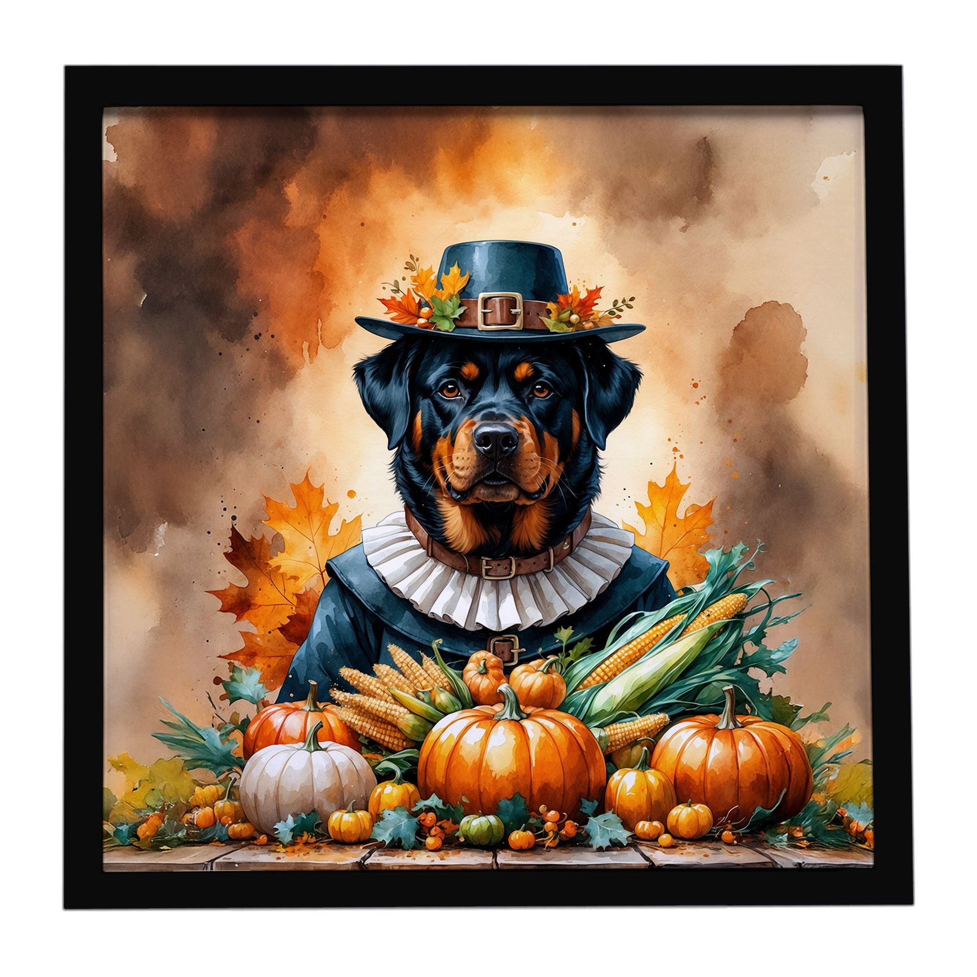 Rottweiler Thanksgiving Framed Metal Print Bathroom, Kitchen, Office, Home Decor Wall Art Ready to Hang, Square, 8X8