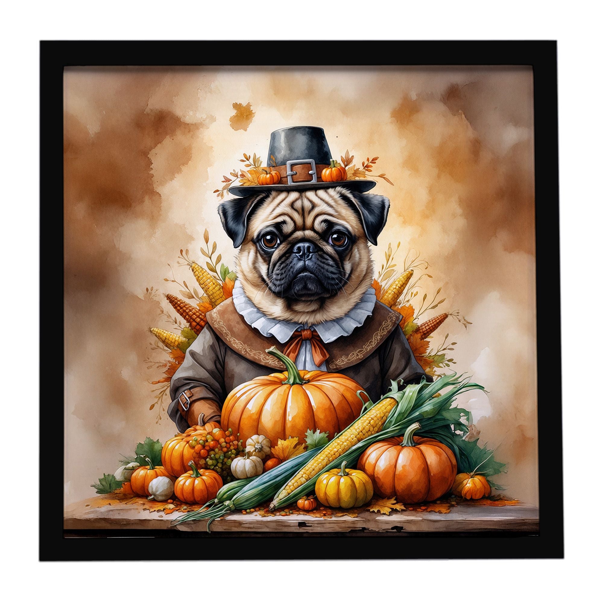 Pug Thanksgiving Framed Metal Print Bathroom, Kitchen, Office, Home Decor Wall Art Ready to Hang, Square, 8X8