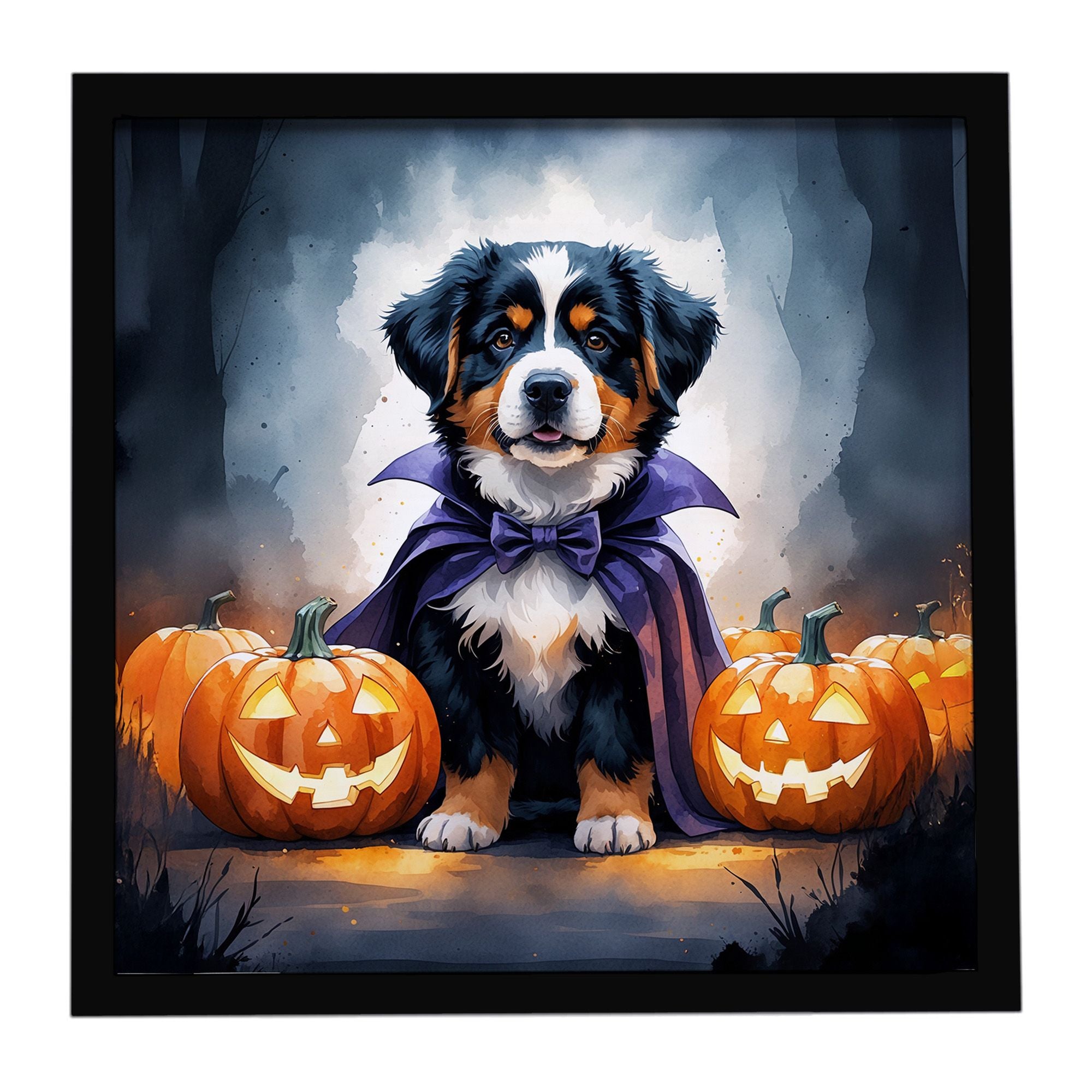 Bernese Mountain Dog Puppy Halloween Framed Metal Print Bathroom, Kitchen, Office, Home Decor Wall Art Ready to Hang, Square, 8X