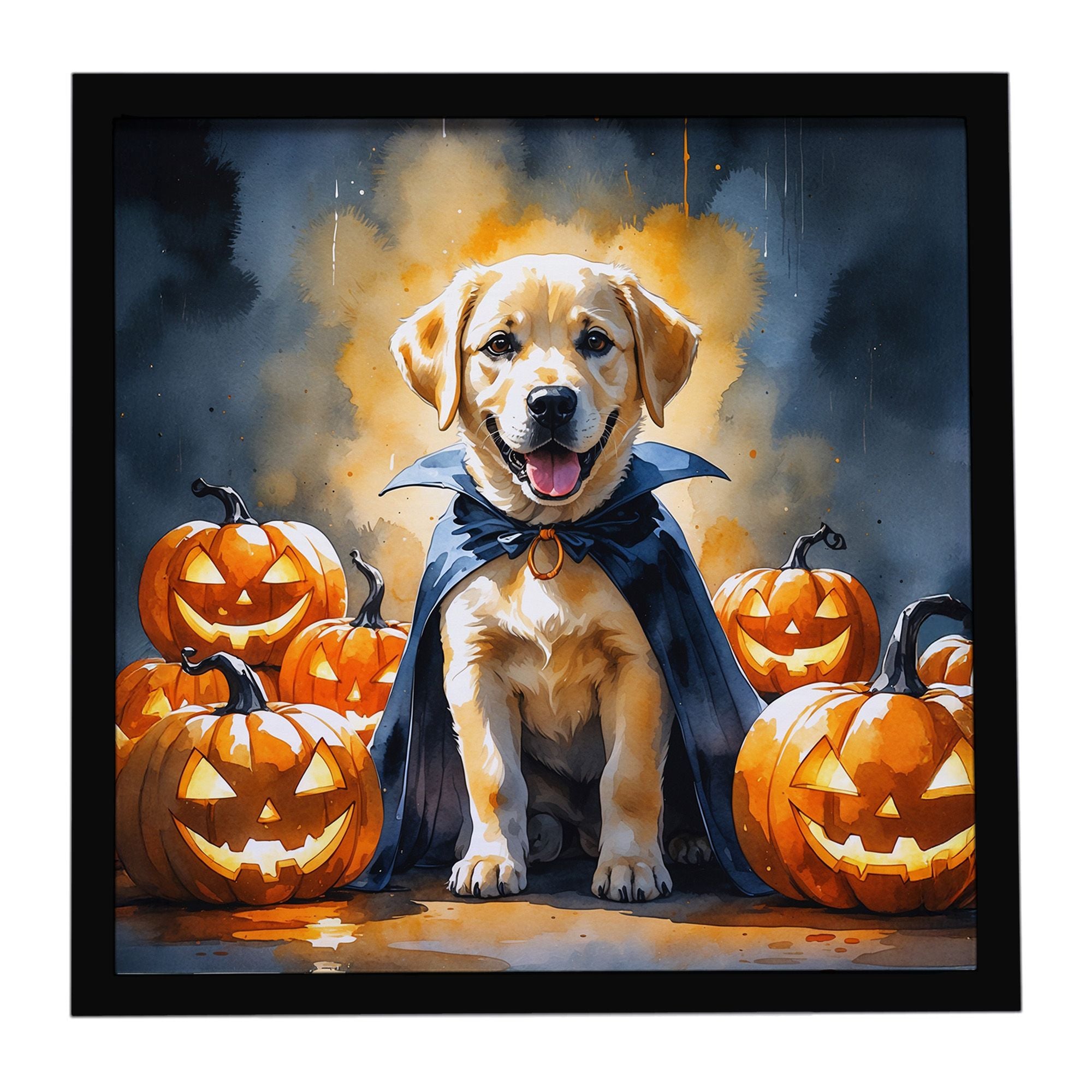 Yellow Labrador Retriever Puppy Halloween Framed Metal Print Bathroom, Kitchen, Office, Home Decor Wall Art Ready to Hang, Squar