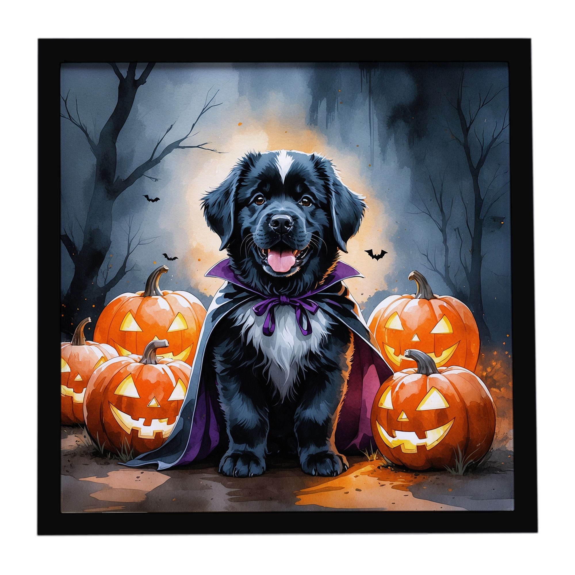 Newfoundland Puppy Halloween Framed Metal Print Bathroom, Kitchen, Office, Home Decor Wall Art Ready to Hang, Square, 8X8