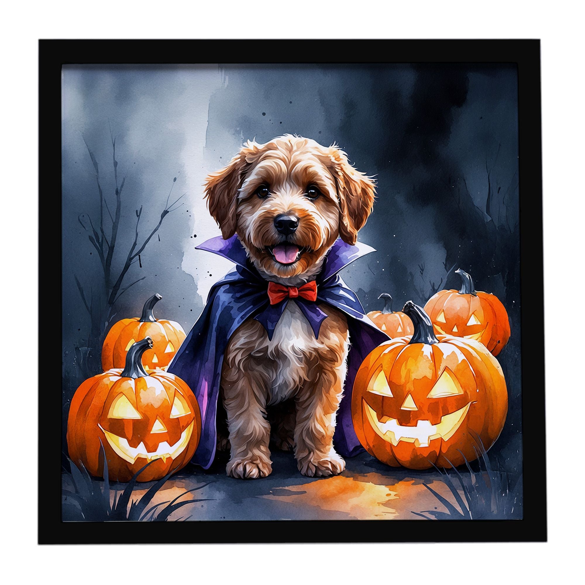 Chocolate Labradoodle Puppy Halloween Framed Metal Print Bathroom, Kitchen, Office, Home Decor Wall Art Ready to Hang, Square, 8