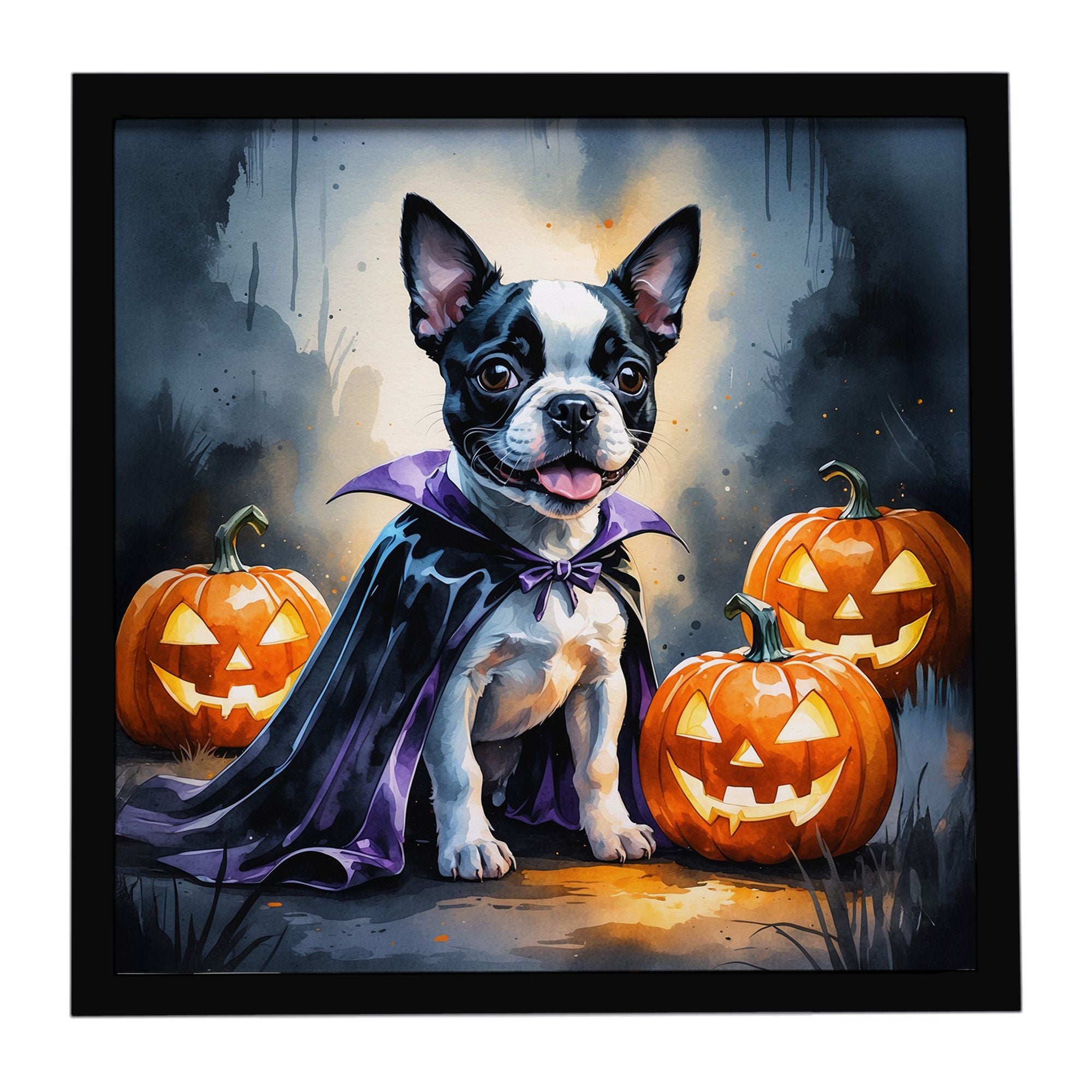 Boston Terrier Puppy Halloween Framed Metal Print Bathroom, Kitchen, Office, Home Decor Wall Art Ready to Hang, Square, 8X8