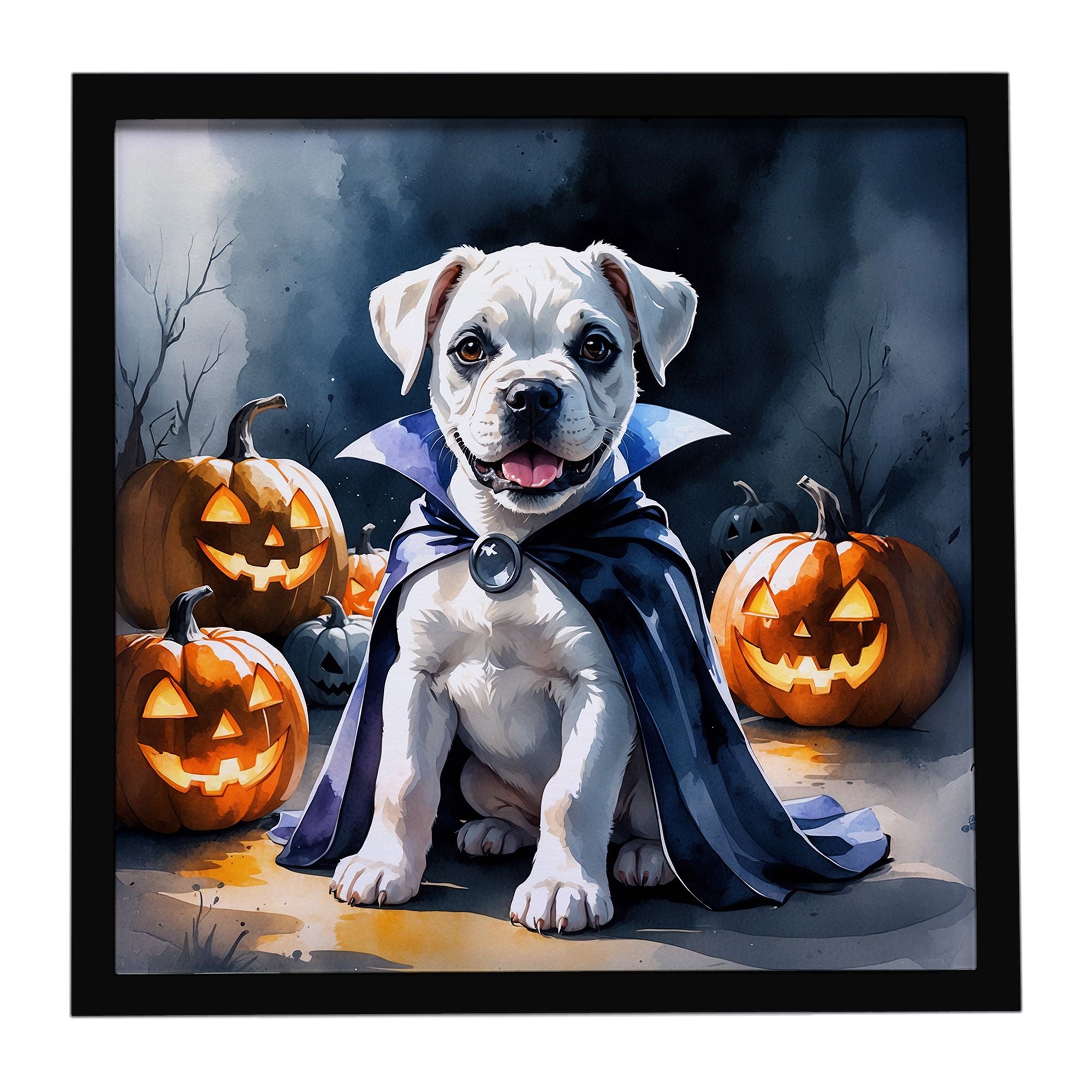 White Boxer Puppy Halloween Framed Metal Print Bathroom, Kitchen, Office, Home Decor Wall Art Ready to Hang, Square, 8X8