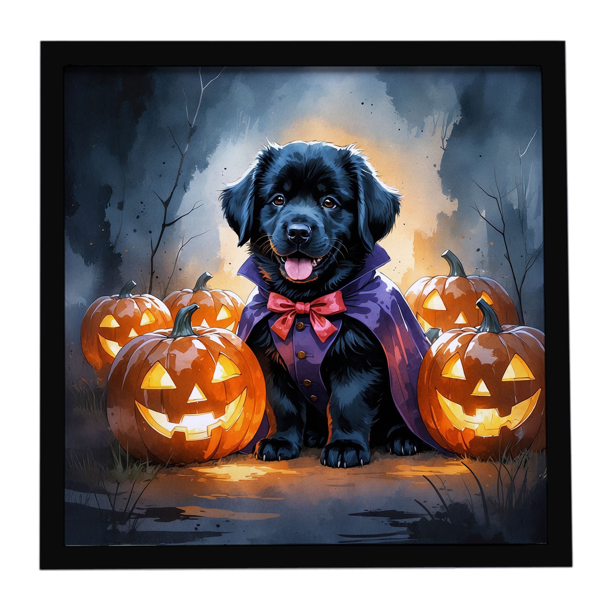 Black Newfoundland Puppy Halloween Framed Metal Print Bathroom, Kitchen, Office, Home Decor Wall Art Ready to Hang, Square, 8X8