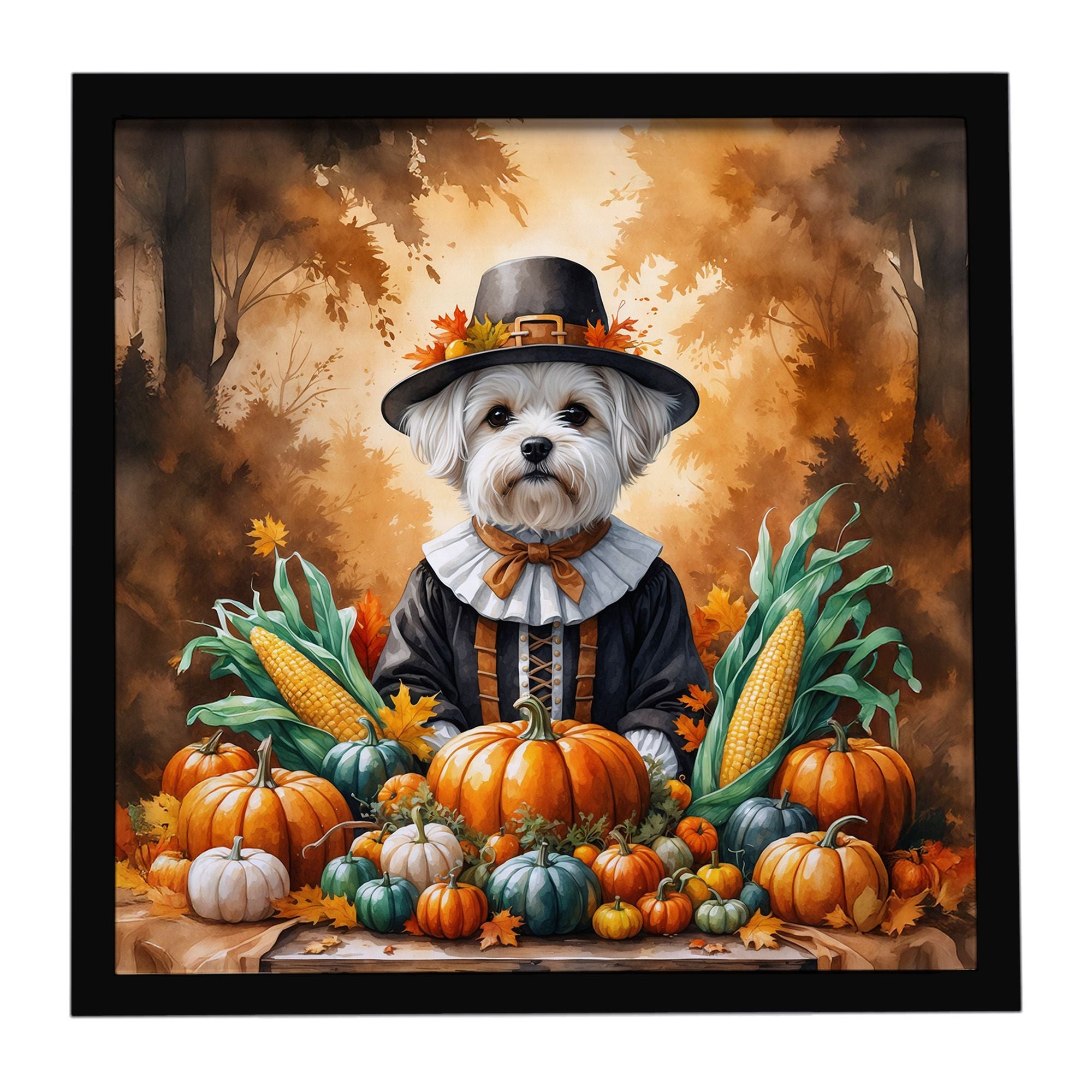 Maltese Thanksgiving Framed Metal Print Bathroom, Kitchen, Office, Home Decor Wall Art Ready to Hang, Square, 8X8