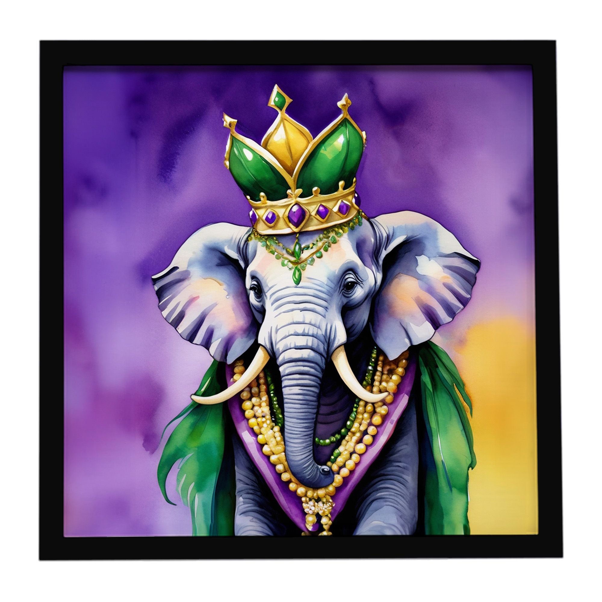 Elephant King of Mardi Gras Framed Metal Print Bathroom, Kitchen, Office, Home Decor Wall Art Ready to Hang, Square, 8X8