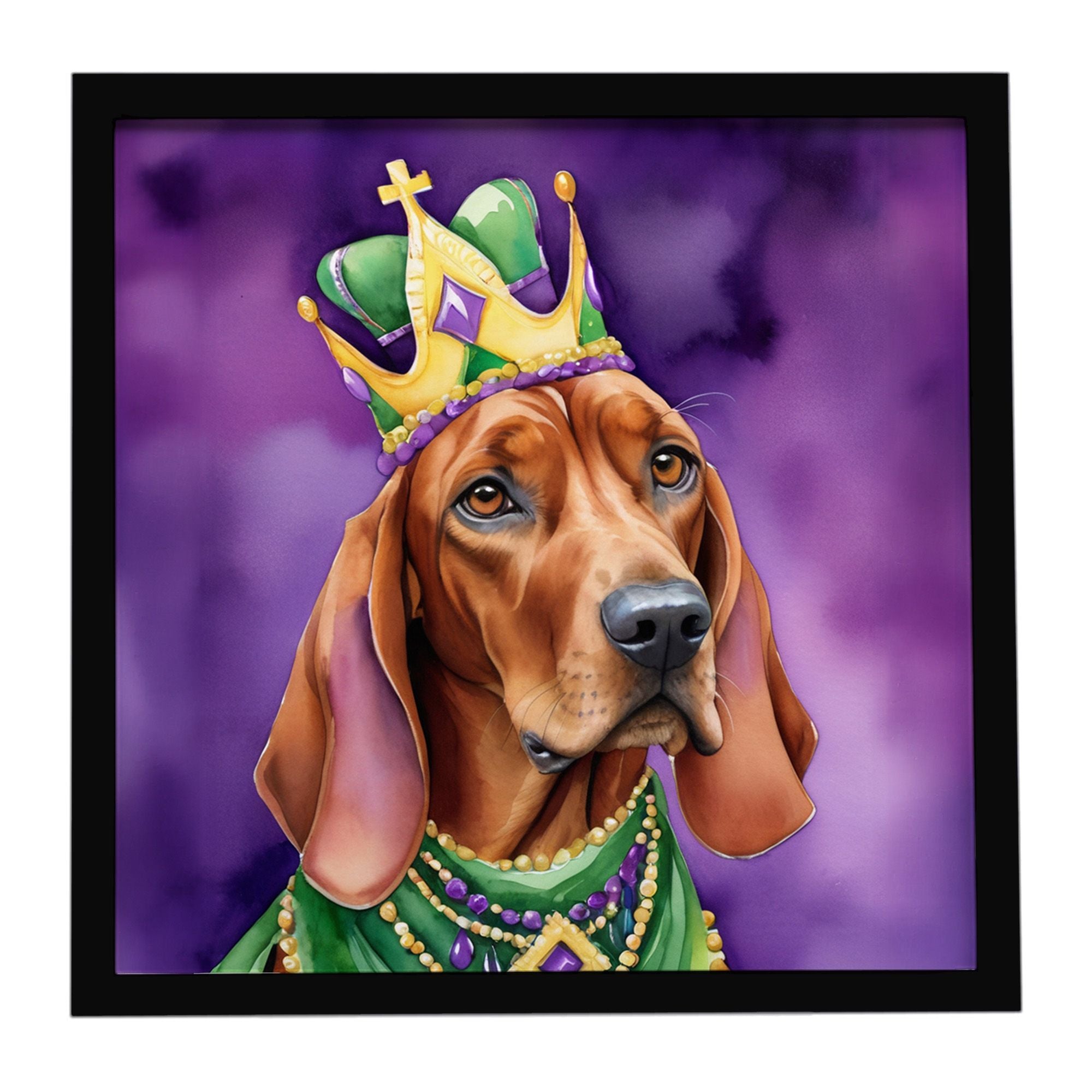 Redbone Coonhound King of Mardi Gras Framed Metal Print Bathroom, Kitchen, Office, Home Decor Wall Art Ready to Hang, Square, 8X