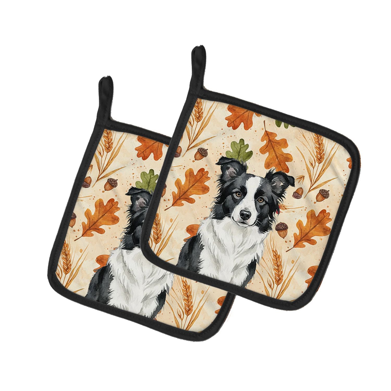 Blue Merle Border Collie Heirloom Fall Pair of Pot Holders Pair 7.5x7.5 Quilted Insulated Hot Pads Decorative Kitchen Gift Made 
