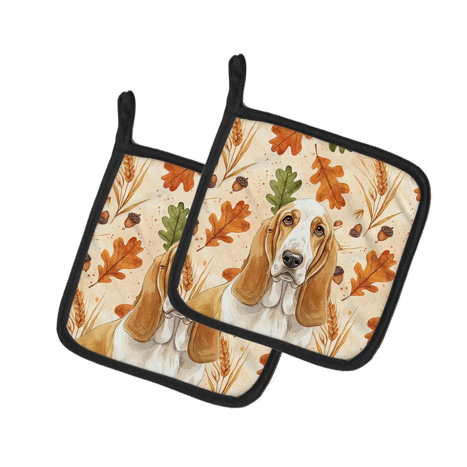 Lemon and White Basset Hound Heirloom Fall Pair of Pot Holders Pair 7.5x7.5 Quilted Insulated Hot Pads Decorative Kitchen Gift M