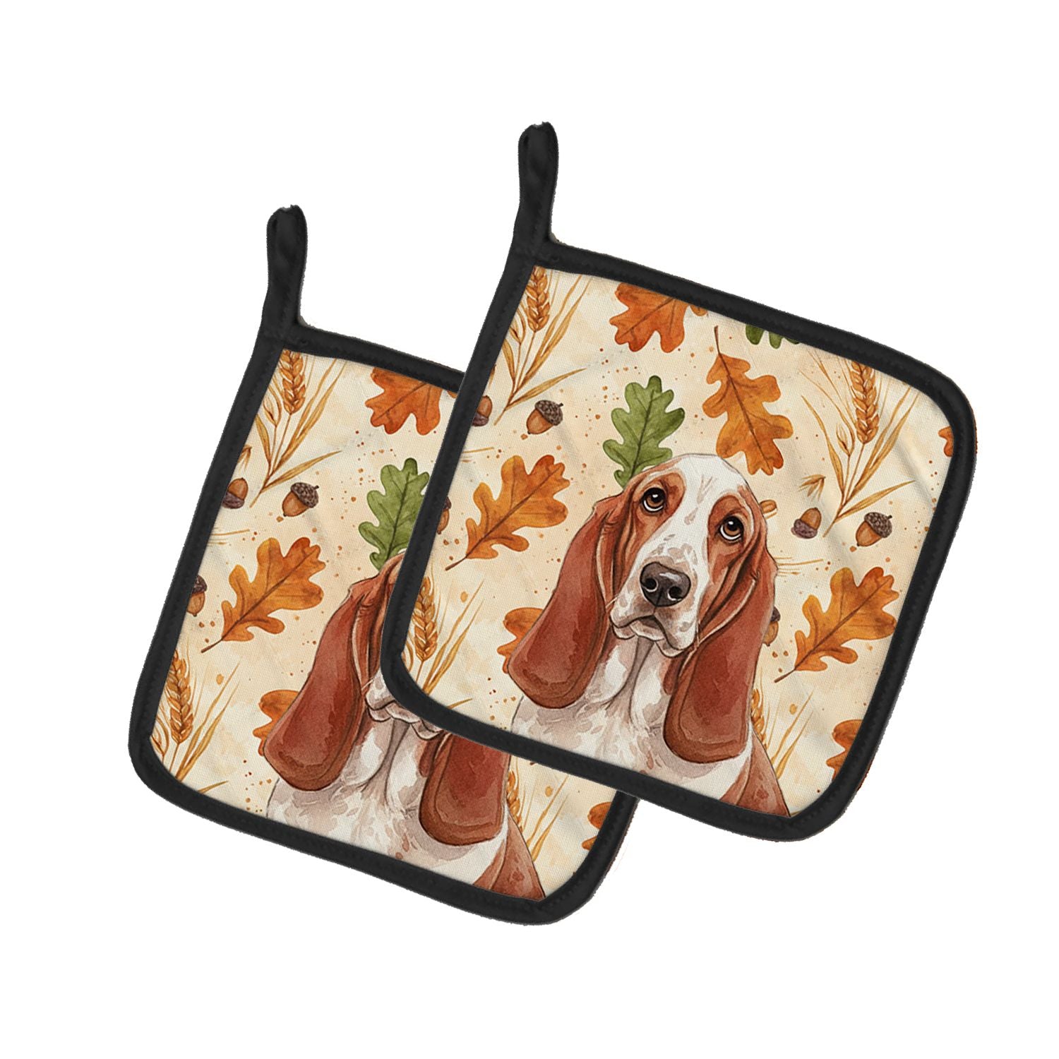 Red and White Basset Hound Heirloom Fall Pair of Pot Holders Pair 7.5x7.5 Quilted Insulated Hot Pads Decorative Kitchen Gift Mad