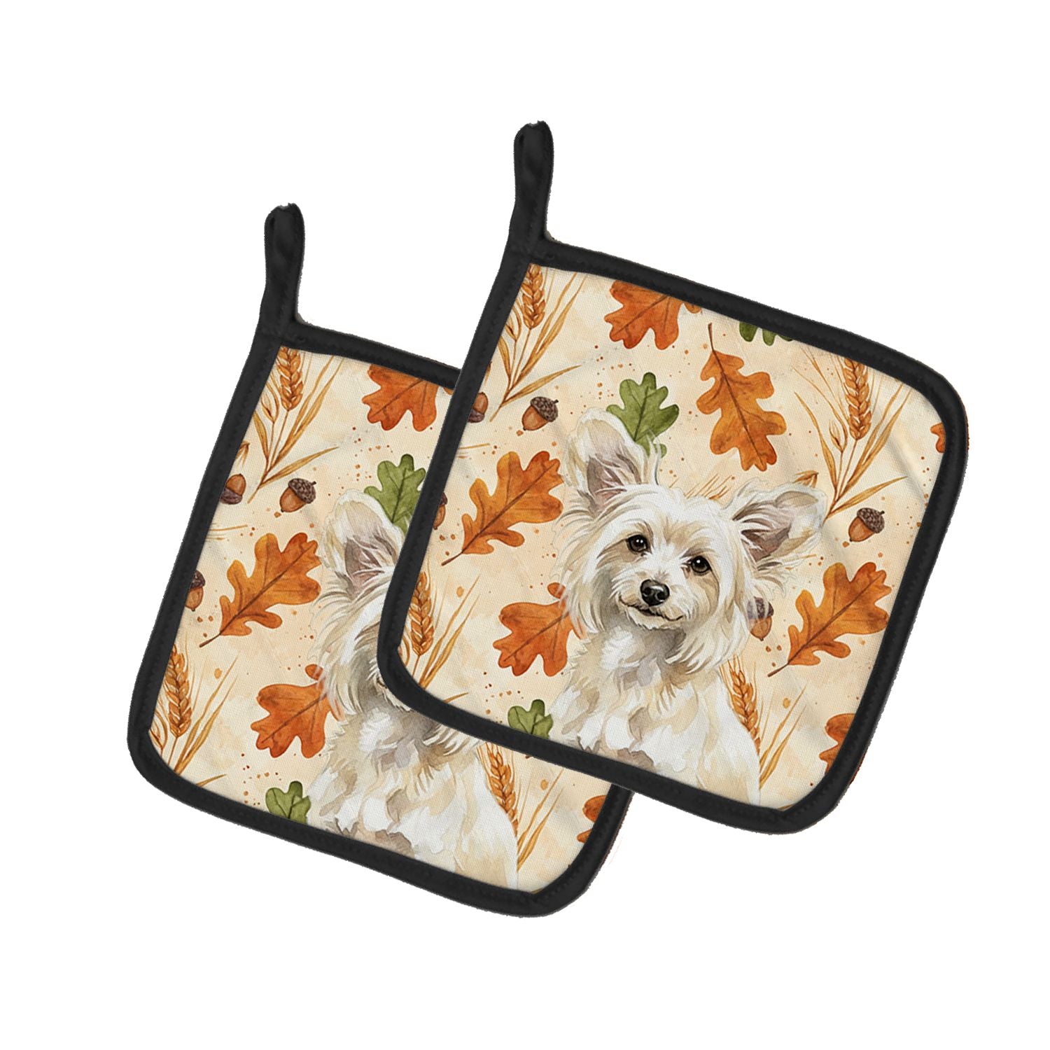 Powderpuff Chinese Crested Heirloom Fall Pair of Pot Holders Pair 7.5x7.5 Quilted Insulated Hot Pads Decorative Kitchen Gift Mad