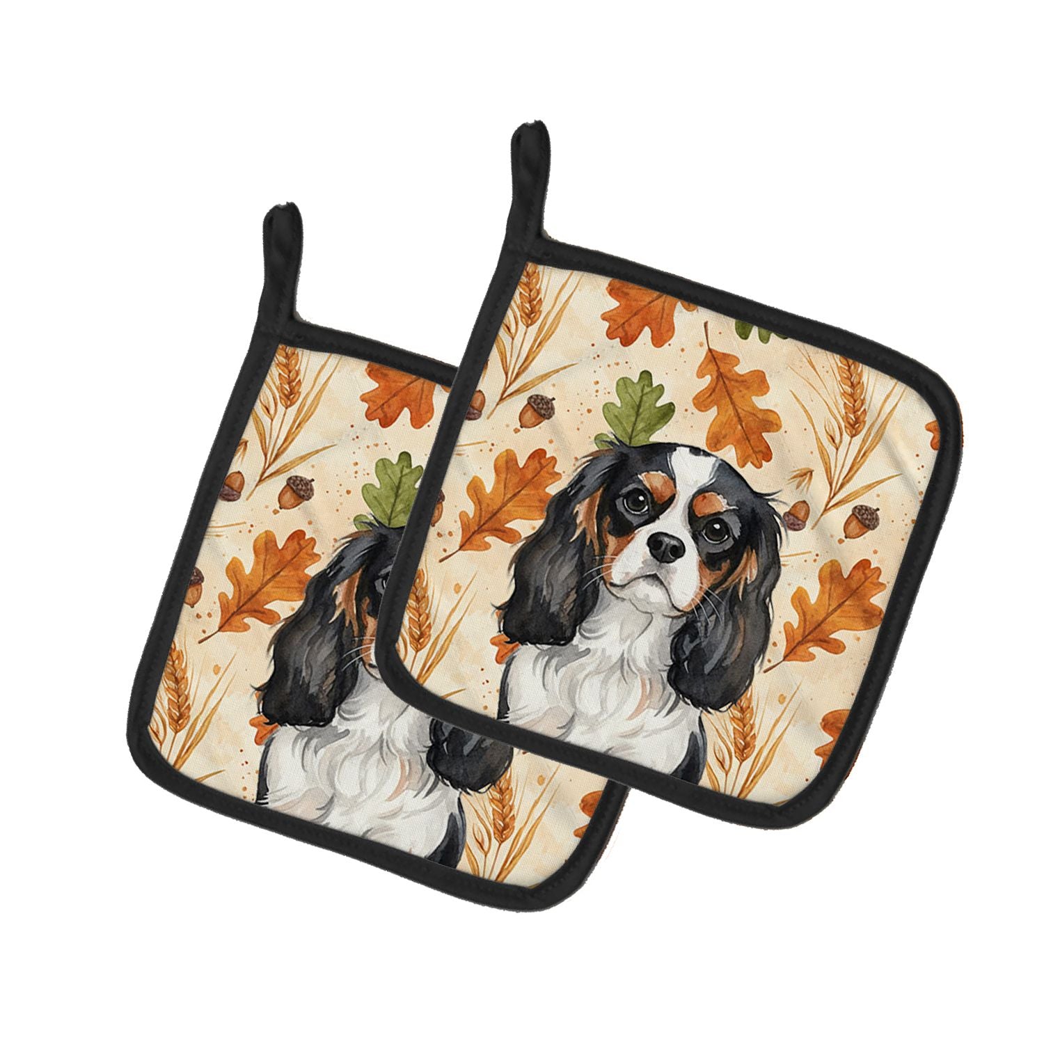 Tricolor Cavalier Spaniel Heirloom Fall Pair of Pot Holders Pair 7.5x7.5 Quilted Insulated Hot Pads Decorative Kitchen Gift Made